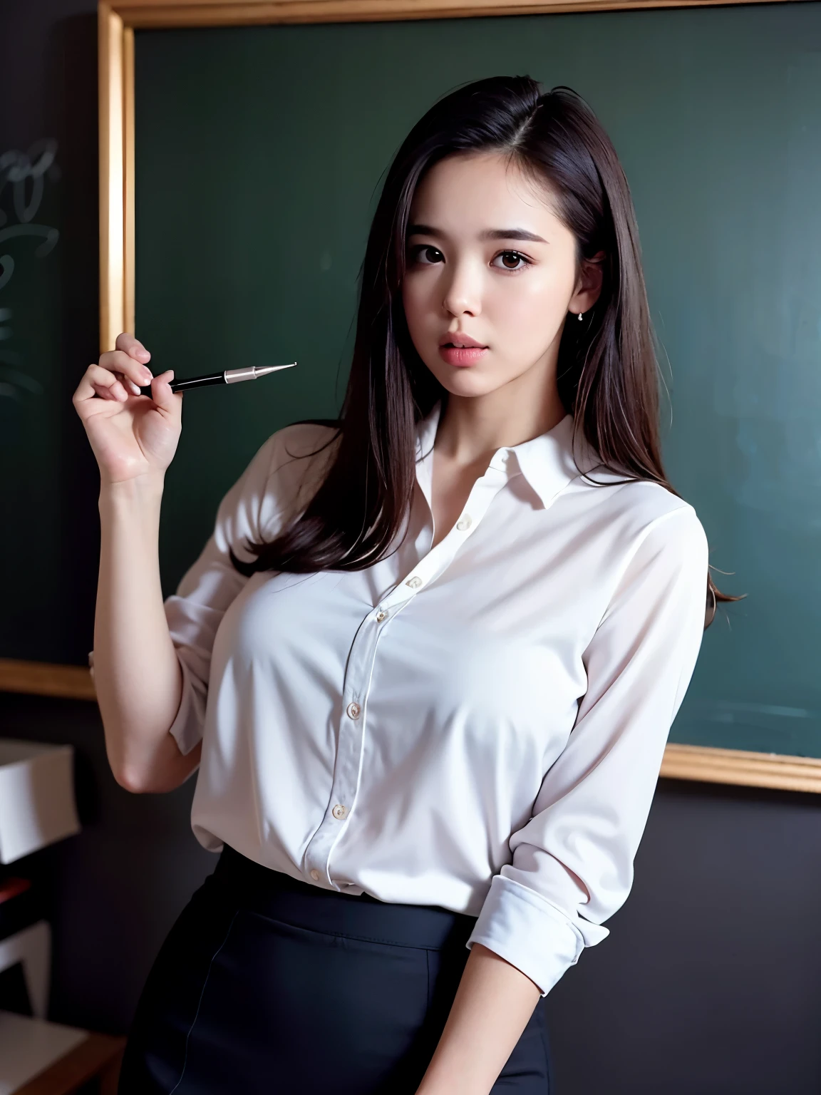 1 female, Stand in front of the chalkboard with pointer in hand, One book, gentlemen, short pencil skirt, black underwear, Translucent blouse, Unbuttoned top button of blouse,  uniform ,(masterpiece),(realistic:1.3), NFSW, super detailed, (high definition skin:1.2),(highest quality:1.0), (ultra high resolution:1.0)