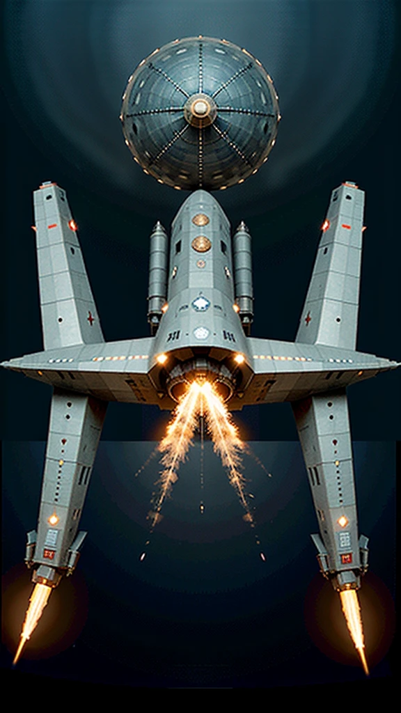 Make a star-shaped space vehicle that is a nuclear-powered and hot warship that is not advanced technology and that moves to be an emperor war armor.