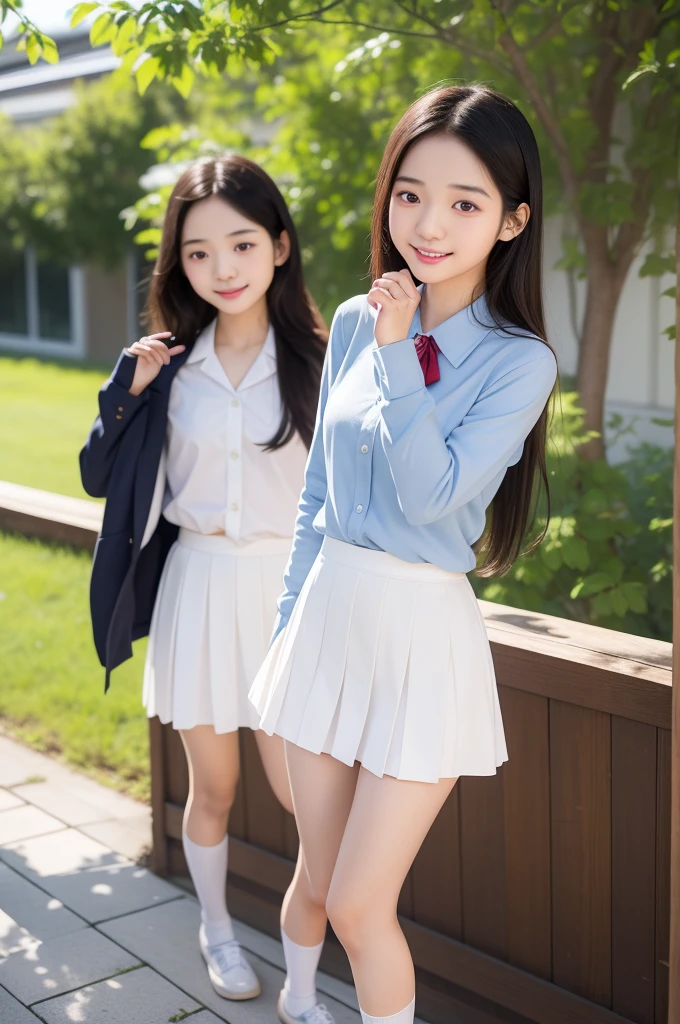 Three dressed girls taking pictures at school, Japanese school uniform, ３beautiful girl, female student, 三个日本female student摆姿势, Qingfu, Japanese high school girl, slim legs、long legs、white socks、frilly skirt、mini skirt、double tail、smile smile、small 、Full body female love、chum