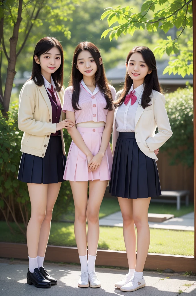 Three dressed girls taking pictures at school, Japanese school uniform, ３beautiful girl, female student, 三个日本female student摆姿势, Qingfu, Japanese high school girl, slim legs、long legs、white socks、frilly skirt、mini skirt、double tail、smile smile、small 、Full body female love、chum