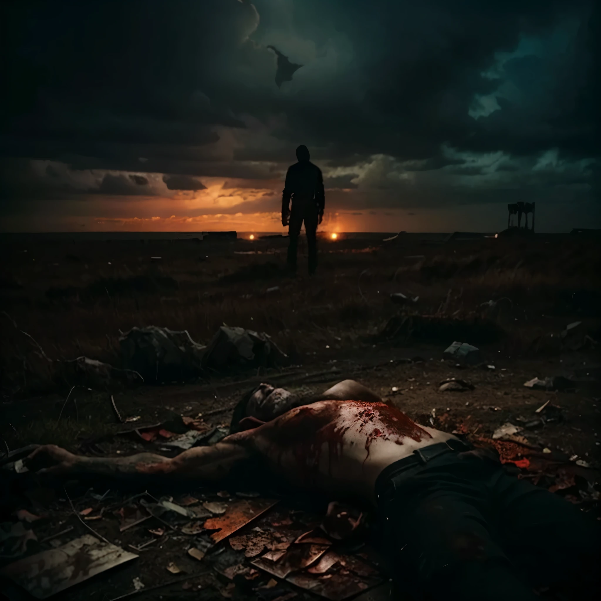 Night Scene with dramatic sky and clouds, wind blowing. A dead Man laying on the ground, bloody scary image, dead body, horror, pain, brutal, brutal death metal cover art.Red and Brown colors, Beksiński drawing, gore, blood on the ground. Uncanny, Dark colours, dark scenery, scary, foggy, Guts ripped out from body, Brain smashed, blood everywhere