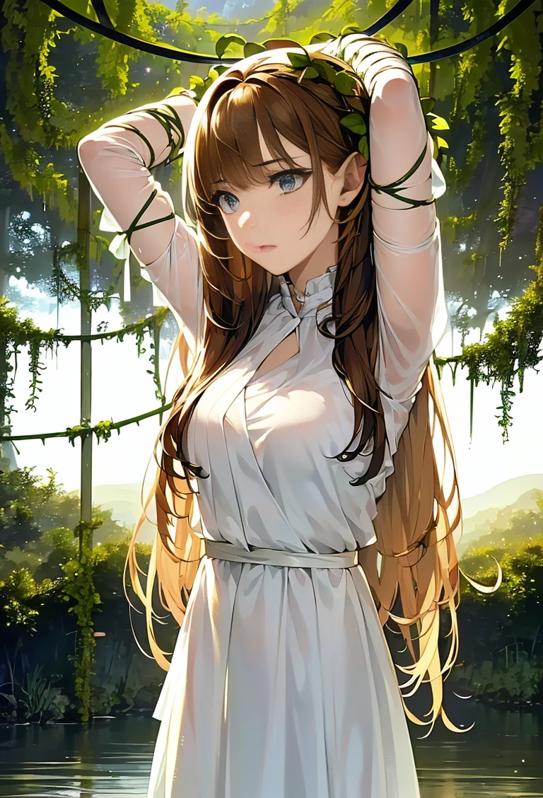 ((masterpiece)), ((best quality)), (ultra-detailed),(in the forest),(monster plant),(((many vine wrap arotnd the body))),a cute girl, 1girl, solo, (white girly dress),((many vine bound arms)), ((thin waist)),large breast, slim, slender,beautiful brown hair, beautiful blue eyes, (beautiful eyes), long hair,troubled expressio