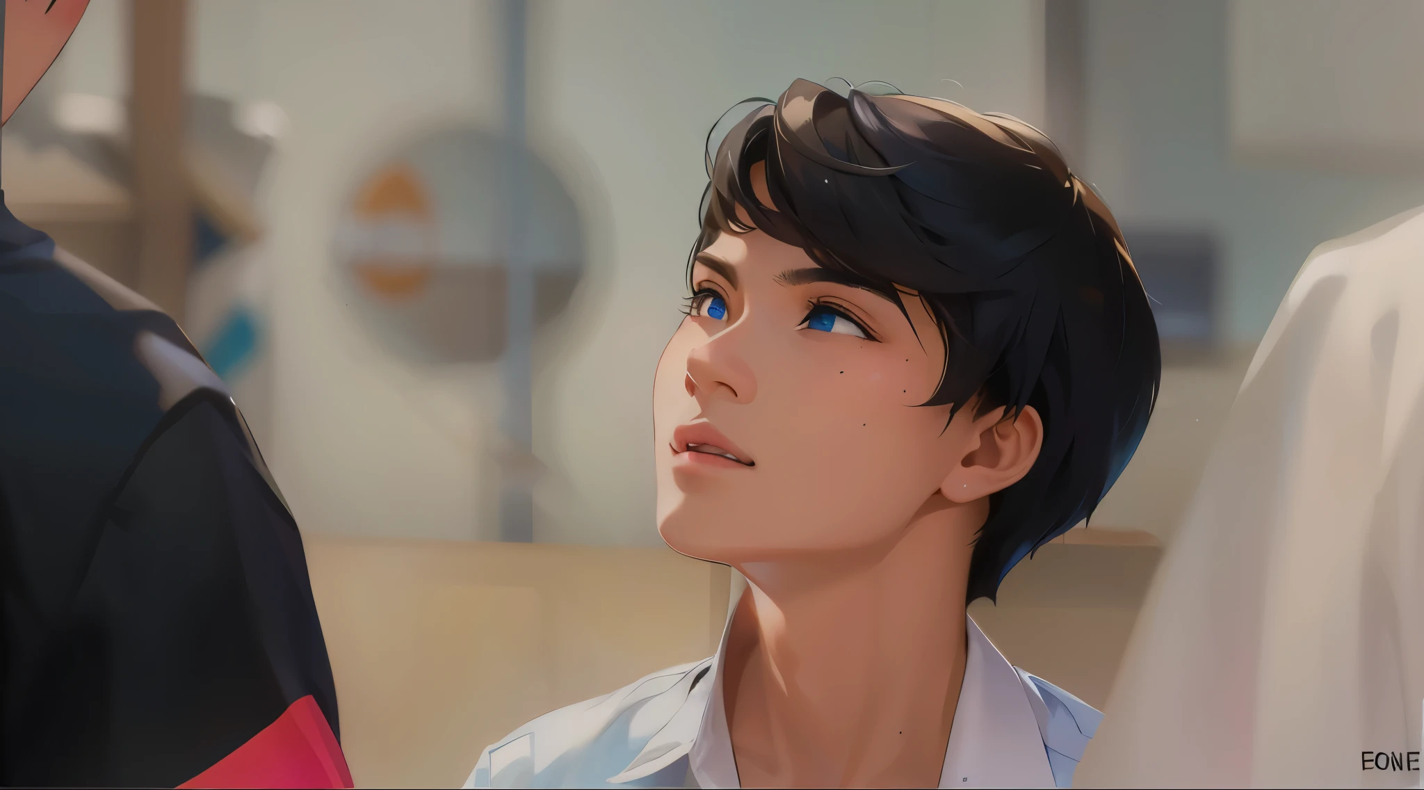 dos jovenes ho,Bre 14-year-olds are in the high school classroom, Un le cuenta una historia al otro. . mientras le brillan los ojos de color azul su cabello tambien es de color azul