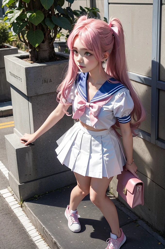 1 pretty female student,Double tail,Colorful hair,flight,White sailor skirt,Pink bow,16-year-old female model,side,