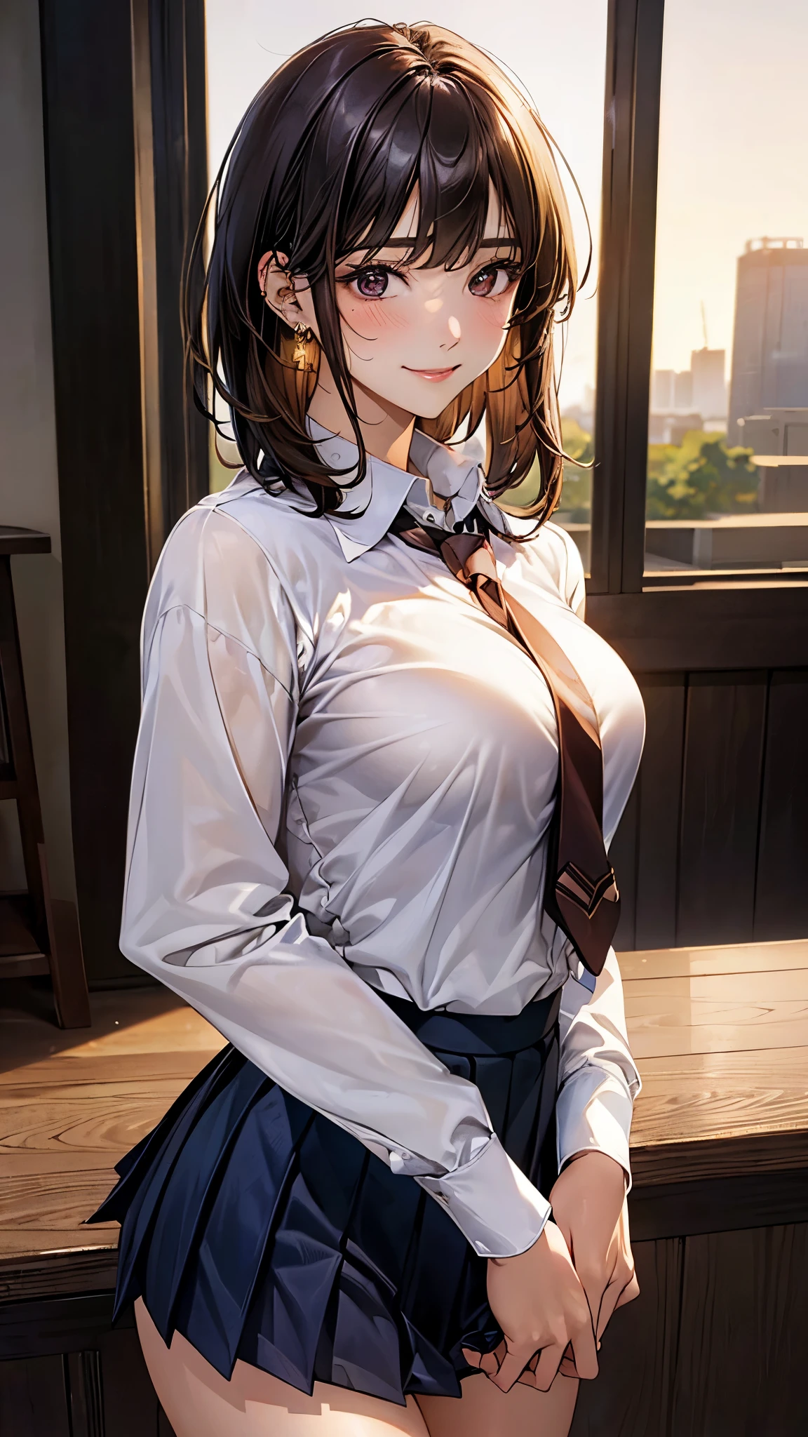 (masterpiece:1.2, top-quality), (realistic, photorealistic:1.4), beautiful illustration, (natural side lighting, movie lighting),
looking at viewer, cowboy shot, front view, 1 girl, japanese, high school girl, perfect face, cute and symmetrical face, shiny skin,
(short hair, messy hair, bwown hair), blunt bangs, gold eyes, (missle breasts:0.6, seductive thighs, big ass), piercings,
beautiful hair, beautiful face, beautiful detailed eyes, beautiful clavicle, beautiful body, beautiful chest, beautiful thigh, beautiful legs, beautiful fingers,
((long sleeve white collared shirts, , navy pleated mini skirt, russet tie)),
(beautiful scenery), evening, riverside, walking, (lovely smile, upper eyes),