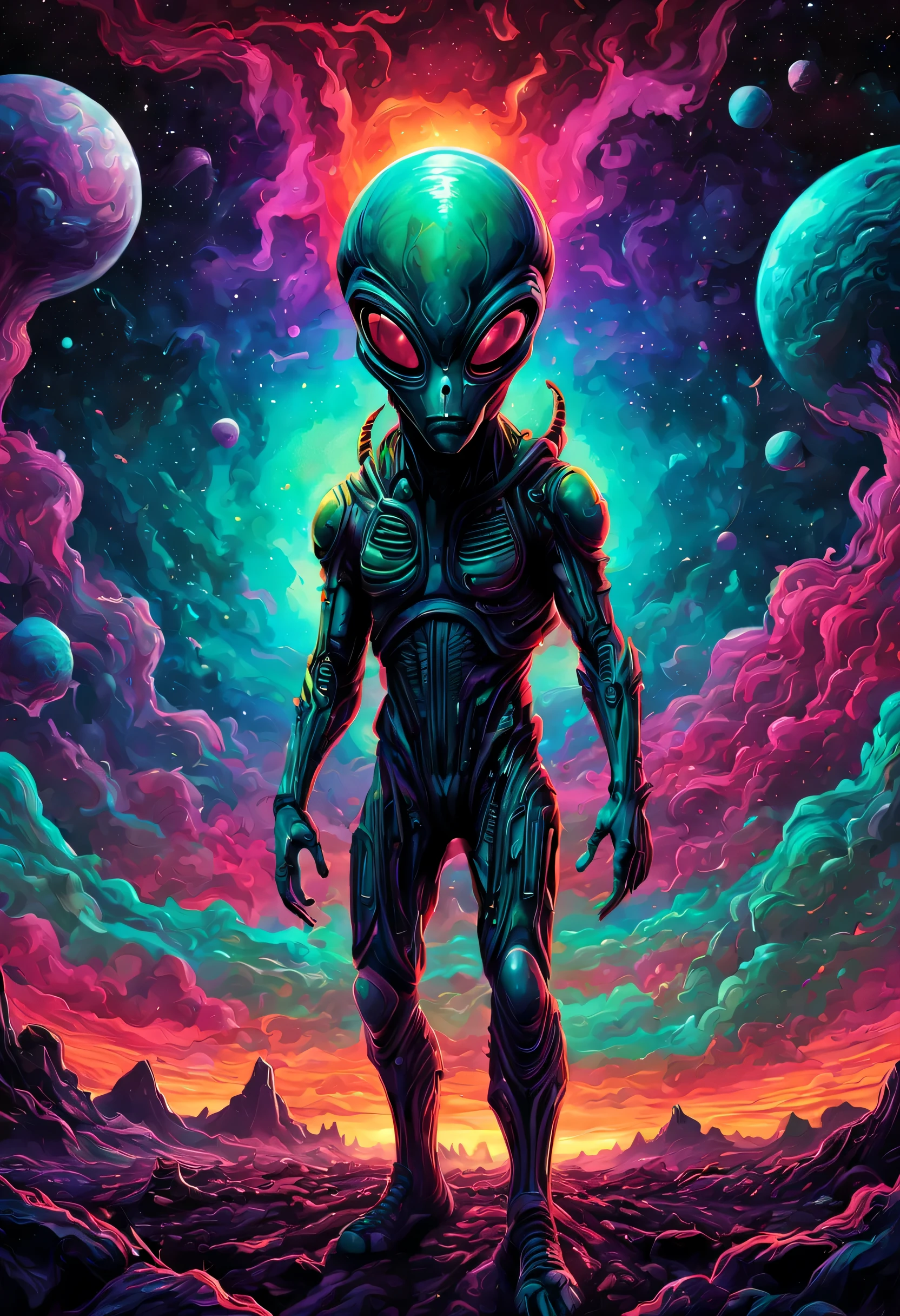 an alien wearing a spacesuit with tentacles hanging, in the style of dan mumford, pop art silkscreening, colorful realism, skull motifs, intricate underwater worlds, weirdcore, poster
<lora:xl_more_art-full-beta1:1>
