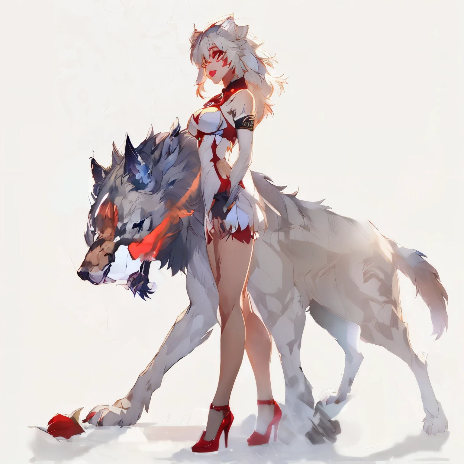 anime girl with red lips and red shoes standing next to a wolf, by Yang J, female anthropomorphic wolf, guweiz, wlop and rossdraws, wlop rossdraws, lois van rossdraws, :: rossdraws, rossdraws 2. 5, rossdraws 1. 0, guweiz on artstation pixiv