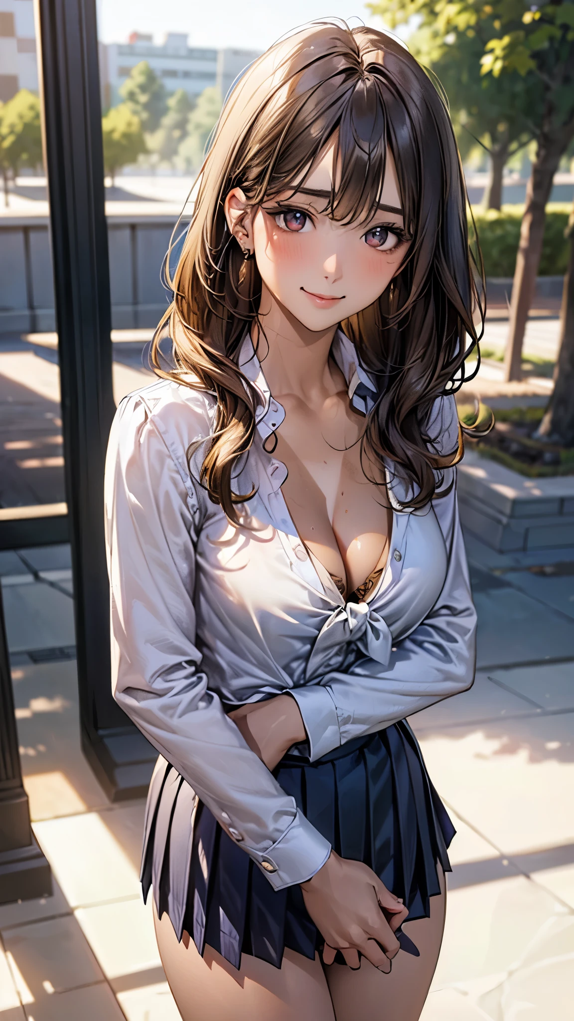 (masterpiece:1.2, top-quality), (realistic, photorealistic:1.4), beautiful illustration, (natural side lighting, movie lighting),
looking at viewer, cowboy shot, front view, 1 girl, japanese, high school girl, perfect face, cute and symmetrical face, (suntan, tanline),
(middle hair, wavy hair, blond hair), blunt bangs, gold eyes, (missle breasts:0.6, seductive thighs, big ass), piercings,
beautiful hair, beautiful face, beautiful detailed eyes, beautiful clavicle, beautiful body, beautiful chest, beautiful thigh, beautiful legs, beautiful fingers,
((long sleeve white collared shirts, cleavage, navy pleated mini skirt)),
(beautiful scenery), evening, riverside, walking, (lovely smile, upper eyes),