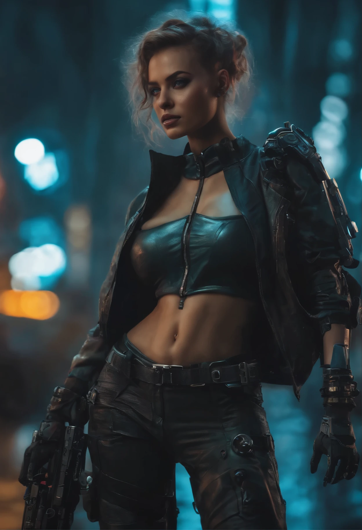 uma belissima mulher ciborgue cyberpunk, olhos azuis, calelo curto, corpo humano, mechanic legs, mechanical arms, em uma cidade furista, 8k ultra detalhado e realista