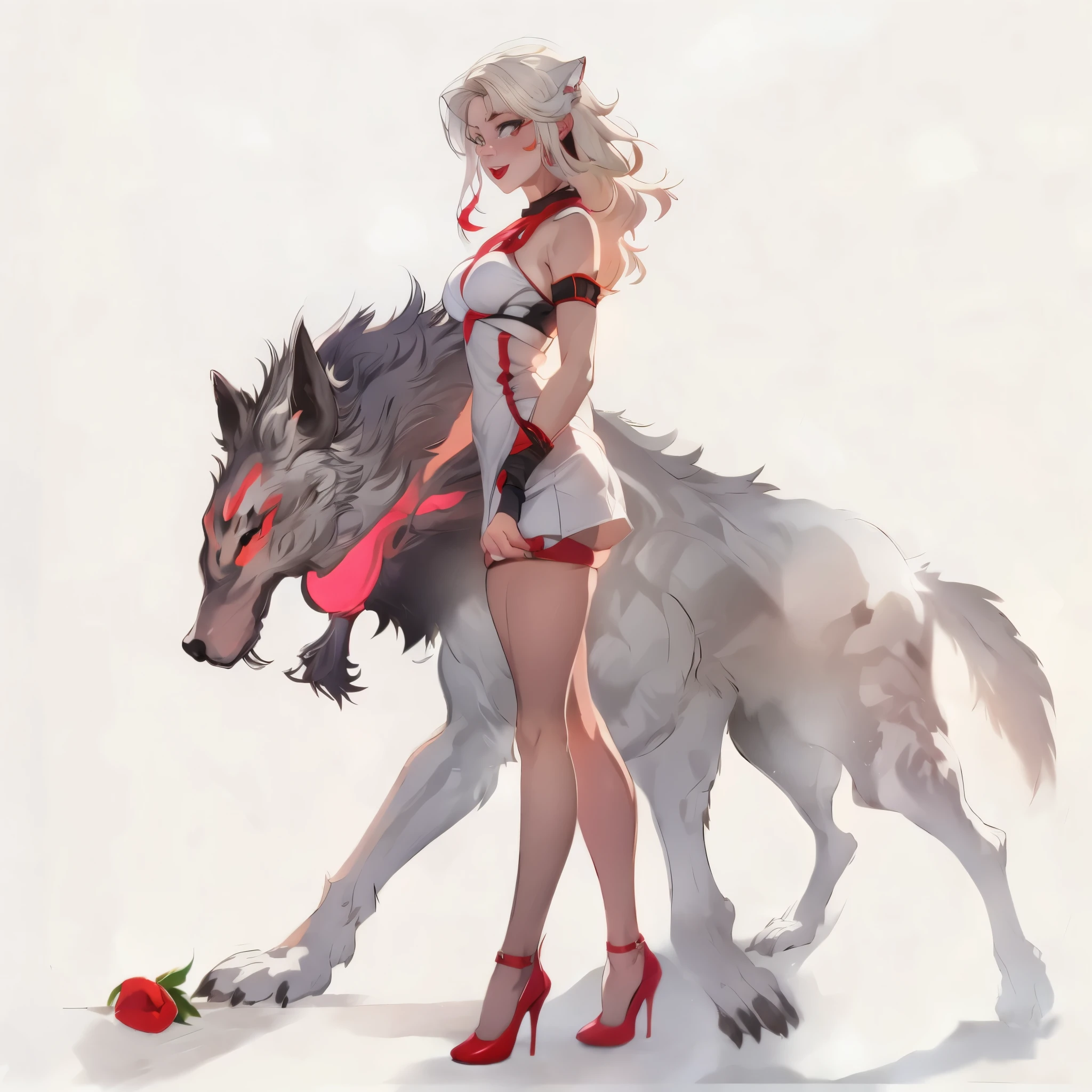 anime girl with red lips and red shoes standing next to a wolf, lifted up her skirt, by Yang J, female anthropomorphic wolf, guweiz, wlop and rossdraws, wlop rossdraws, lois van rossdraws, :: rossdraws, rossdraws 2. 5, rossdraws 1. 0, guweiz on pixiv artstation