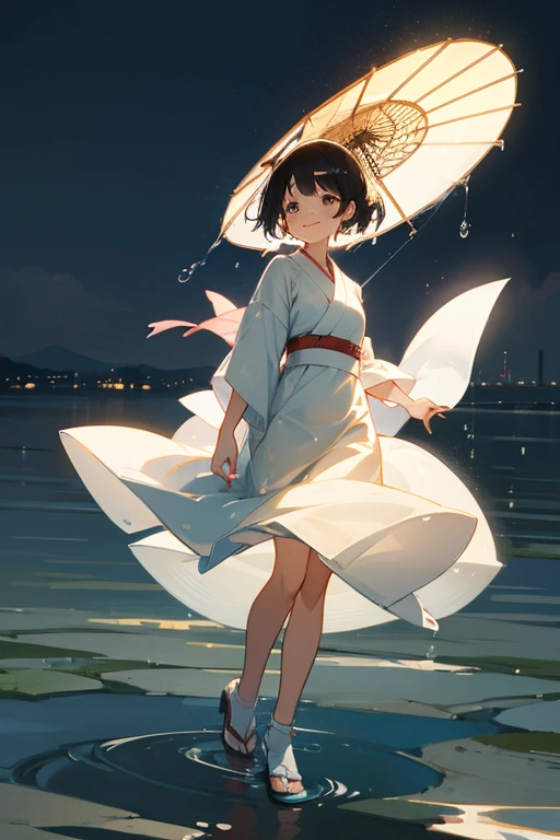 One beautiful Japan woman, smiling, she is facing the camera,transparent white dress, ankles on the surface of the water, wet clothes, backlight, soft wind, waterside.