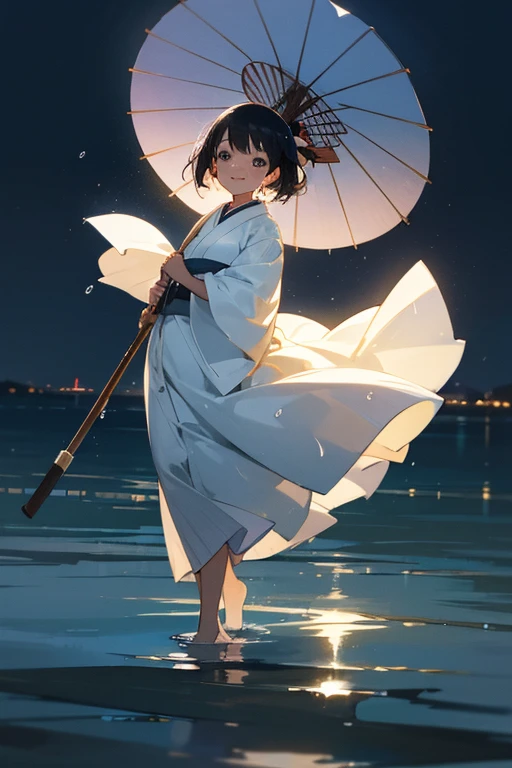 One beautiful Japan woman, smiling, she is facing the camera,transparent white dress, ankles on the surface of the water, wet clothes, backlight, soft wind, waterside.