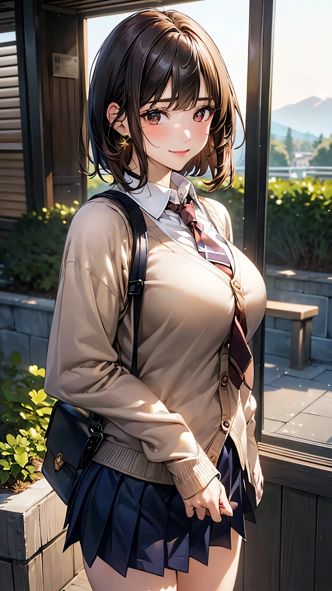 (masterpiece:1.2, top-quality), (realistic, photorealistic:1.4), beautiful illustration, (natural side lighting, movie lighting),
looking at viewer, cowboy shot, front view, 1 girl, japanese, high school girl, perfect face, cute and symmetrical face, shiny skin,
(short hair, messy hair, bwown hair), blunt bangs, gold eyes, (missle breasts:0.6, seductive thighs, big ass), piercings,
beautiful hair, beautiful face, beautiful detailed eyes, beautiful clavicle, beautiful body, beautiful chest, beautiful thigh, beautiful legs, beautiful fingers,
((long sleeve white collared shirts, navy pleated mini skirt, light brown cardigan, russet tie)), shool bag,
(beautiful scenery), evening, riverside, walking, (lovely smile, upper eyes),