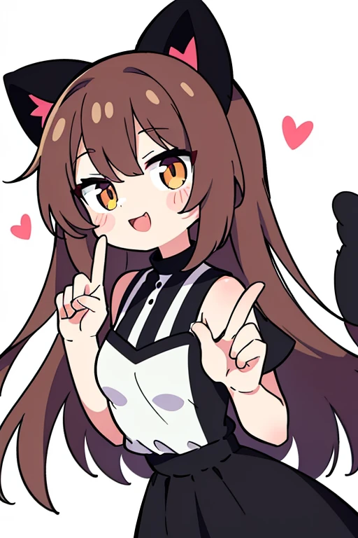 Craft an inviting image featuring an anime cat girl, around 25 years old, holding a pen in one hand. Render her in a cheerful and lively demeanor, with a warm smile directed at the viewer. Enhance the charm by incorporating a playful wink from one of her eyes. The other hand should be raised in a victory sign, showcasing the index and middle fingers. Adorn her in a emo but stylish dresscode with long, dark hair flowing. Maintain a simple yet expressive style, ensuring the character exudes a positive and upbeat energy. This illustration is intended for use as a mascot for a tattoo Instagram page and for printing on stickers, emphasizing the character's friendly and engaging personality.