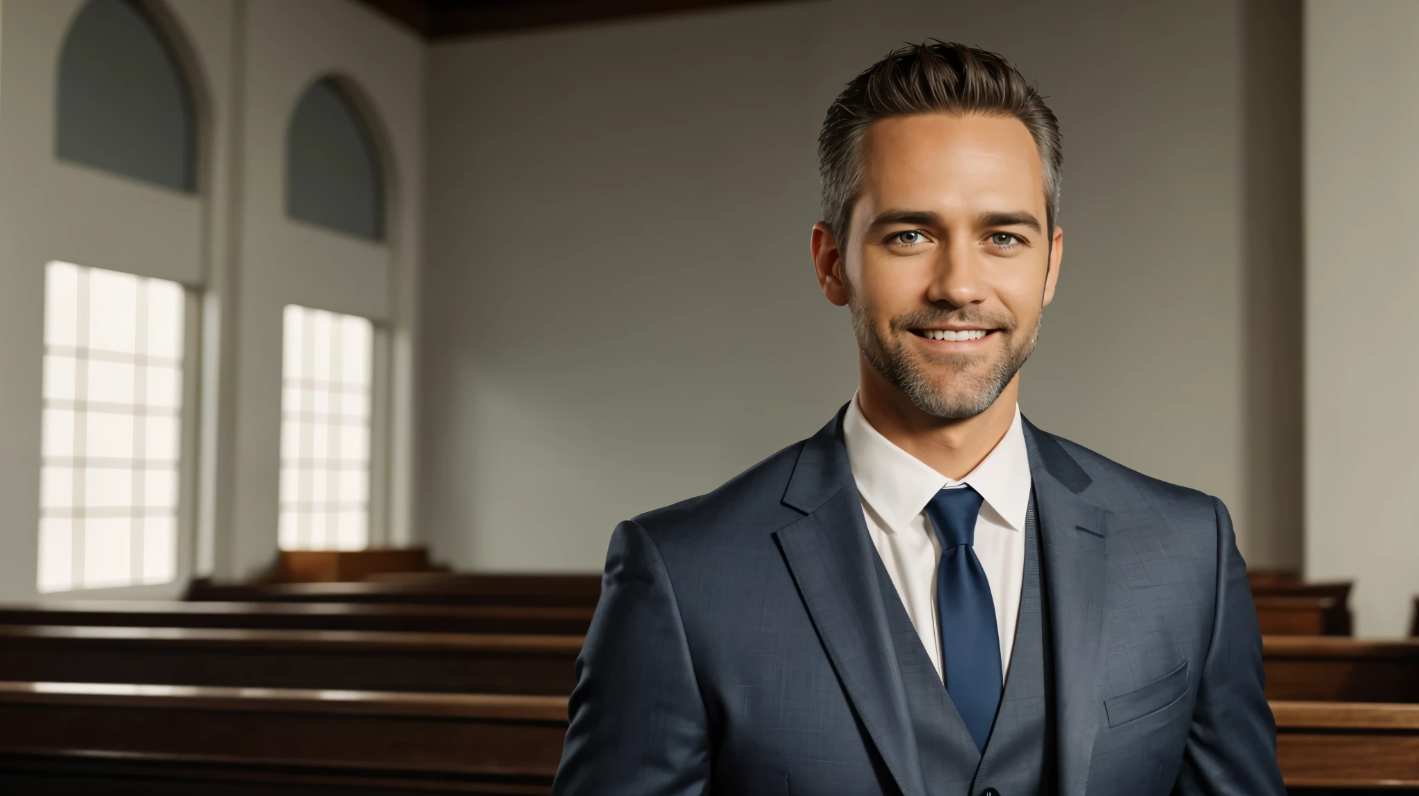 Create actor Jay Harrington as Pastor, smiling and happy, focus on face, Pastor looking at center of image, background image evangelical Christian church, Pastor, short gray hair, film cover style, short gray beard, wearing suit, focus on body details, cover image, heavenly atmosphere, film photography style, focus on facial details, heavenly atmosphere, cinematic effect, ultra HD, best quality, wearing suit.