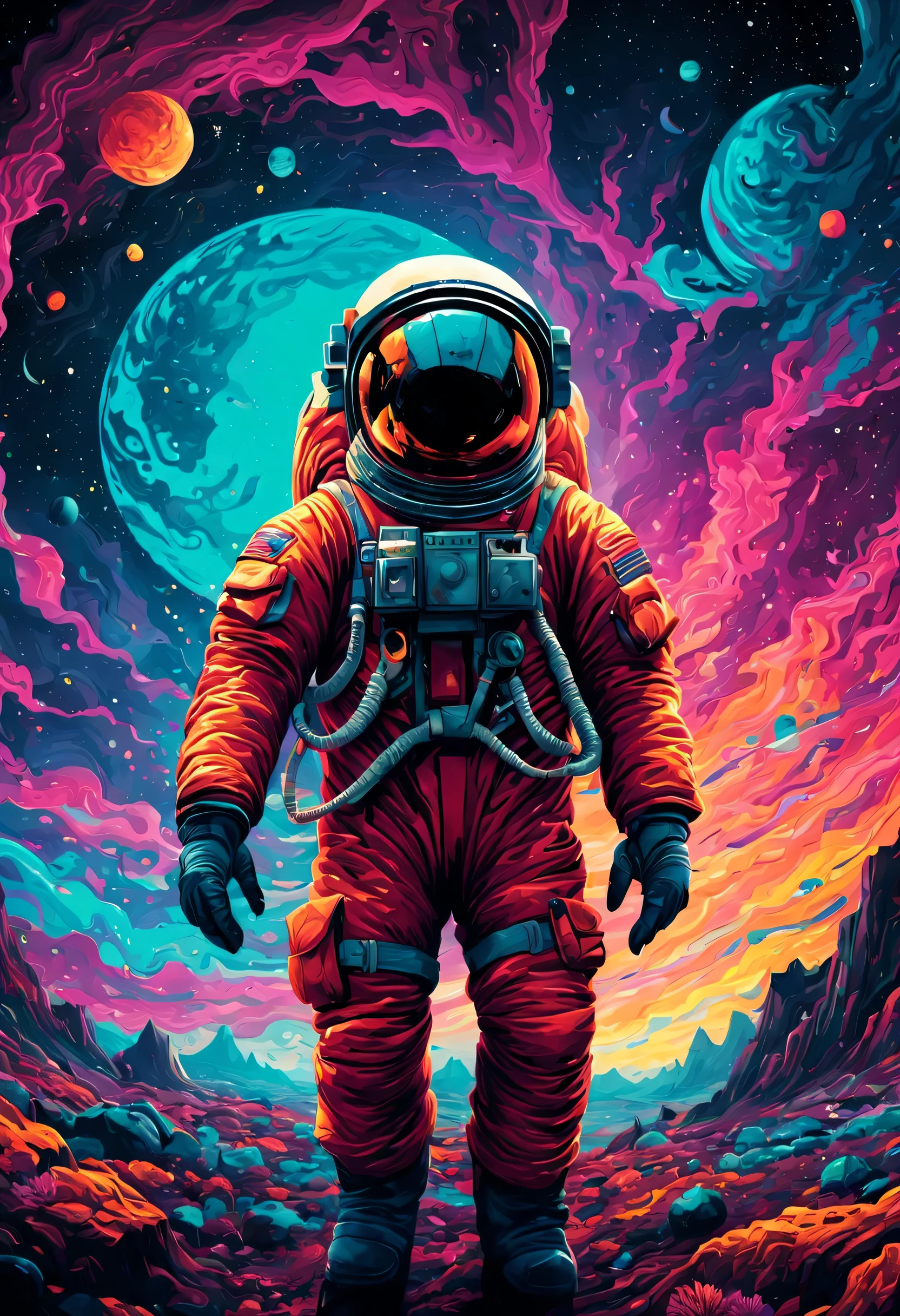 a photo of the stronaut in the space field, in the style of psychedelic color schemes, nightmarish illustrations, animated gifs, dan mumford, colorful caricature, saurabh jethani, warmcore , cinematic moviemaker style