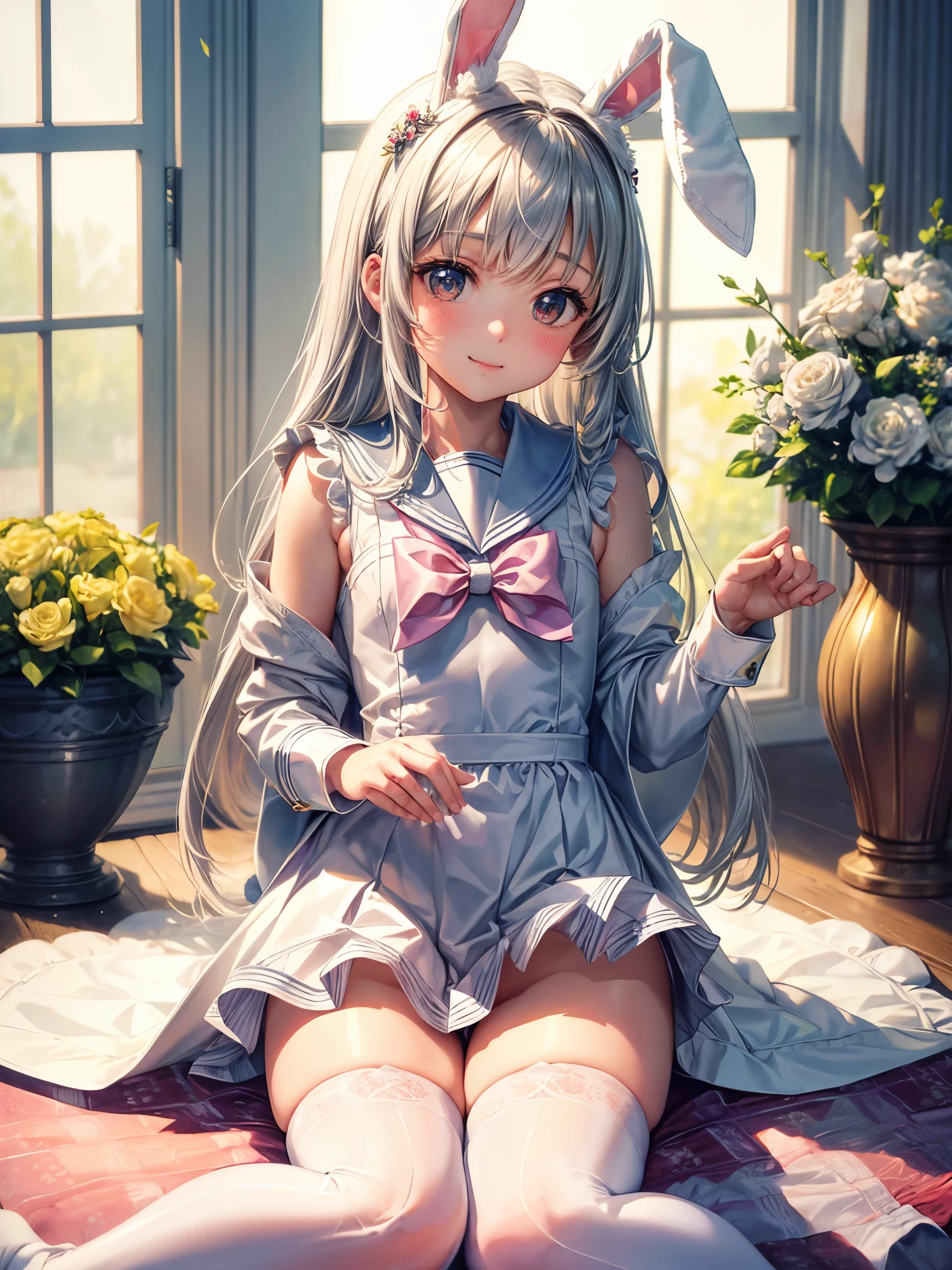 absurd,(masterpiece、highest quality、8K ),intricate details,super detailed,soft focus、(( beautiful girl:1.4)),(slight smile:1.2)、silver hair、bangs、long hairstyle、(Bunny ears、Sailor Bunny Girl in White Coat、white knee highs:1.3),Bet,cute pose、small rabbit、small pussy、Large white lace pillow、pink curtain、Bay window、flowers in a vase、surreal,perfect anatomy