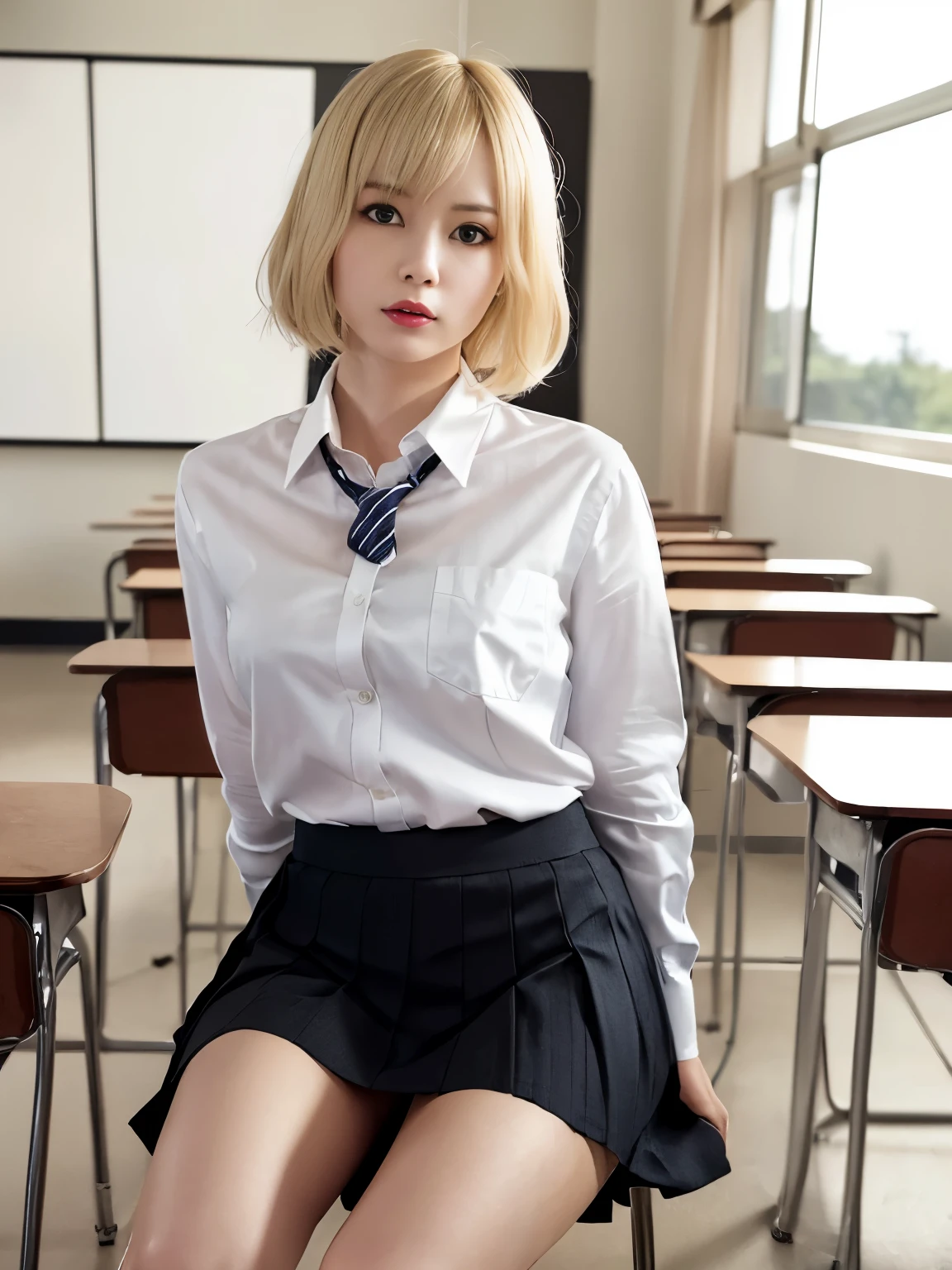 despise,look down,open your mouth,8K,RAW portrait of (japanese girl:1.3),80mm,Super high resolution,highest quality,
break
From the bottom,((school uniform)),((shirt))((pleated skirt))(Sitting on a chair in a classroom)T、medium breasts,short hair、wavy hair、(((blonde)))、thin目、blonde、((tying hair))
(natural skin texture,fine skin, hyper realism,Super sharpness),intricate details,High resolution, Natural light、korean idol、Nogizaka idol、thin、slender beautiful legs、provocative look、((A little naughty girl))