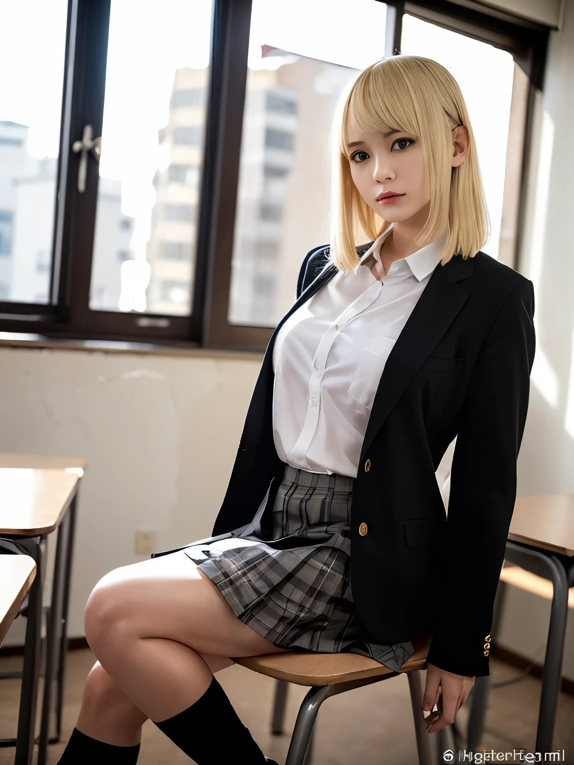 despise,look down,open your mouth,8K,RAW portrait of (japanese girl:1.3),80mm,Super high resolution,highest quality,
break
From the bottom,((school uniform)),((shirt))((pleated skirt))(Sitting on a chair in a classroom)T、medium breasts,short hair、wavy hair、(((blonde)))、thin目、blonde、((tying hair))
(natural skin texture,fine skin, hyper realism,Super sharpness),intricate details,High resolution, Natural light、korean idol、Nogizaka idol、thin、slender beautiful legs、provocative look、((A  naughty girl))