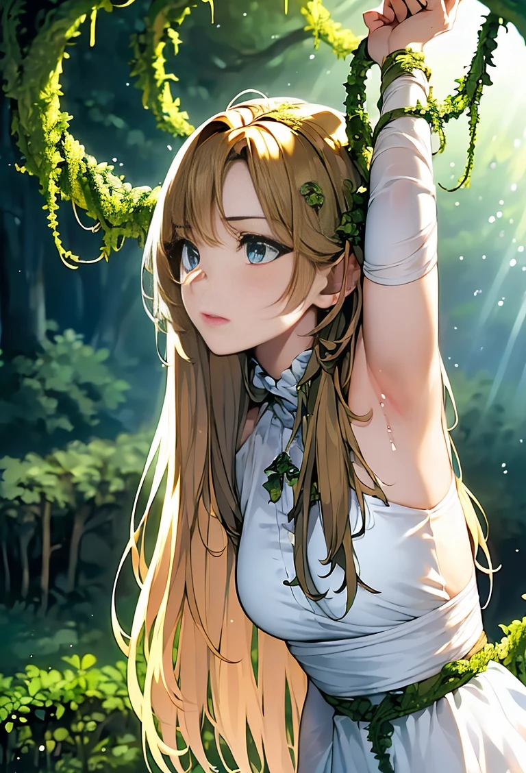 ((masterpiece)), ((best quality)), (ultra-detailed),(in the forest),(monster plant),(((many vine wrap arotnd the waist))),a cute girl, 1girl, solo, (white girly dress),((many vine bound arms)), ((thin waist)),large breast, slim, slender,beautiful brown hair, beautiful blue eyes, (beautiful eyes), long hair,troubled expressio