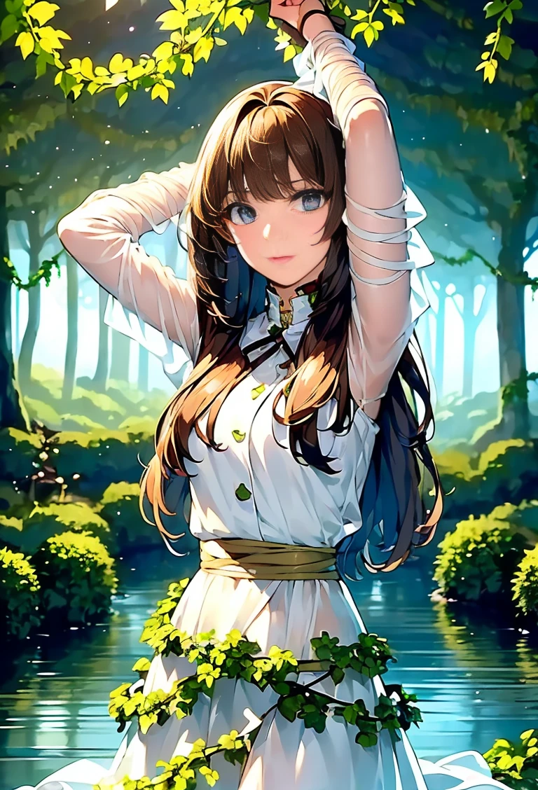 ((masterpiece)), ((best quality)), (ultra-detailed),(in the forest),(monster plant),(((many vine wrap arotnd the waist))),a cute girl, 1girl, solo, (white girly dress),((many vine bound arms)), ((thin waist)),large breast, slim, slender,beautiful brown hair, beautiful blue eyes, (beautiful eyes), long hair,troubled expressio