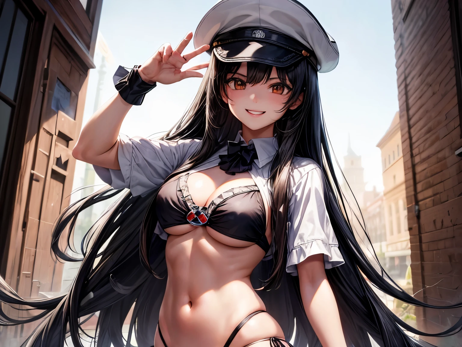 absurd resolution, high resolution, (Meisterwerk: 1.4), Hyper-Detail, Young girl's messy long black hair, Schwarzer Bikini, White cap, sweet, smiling, posing