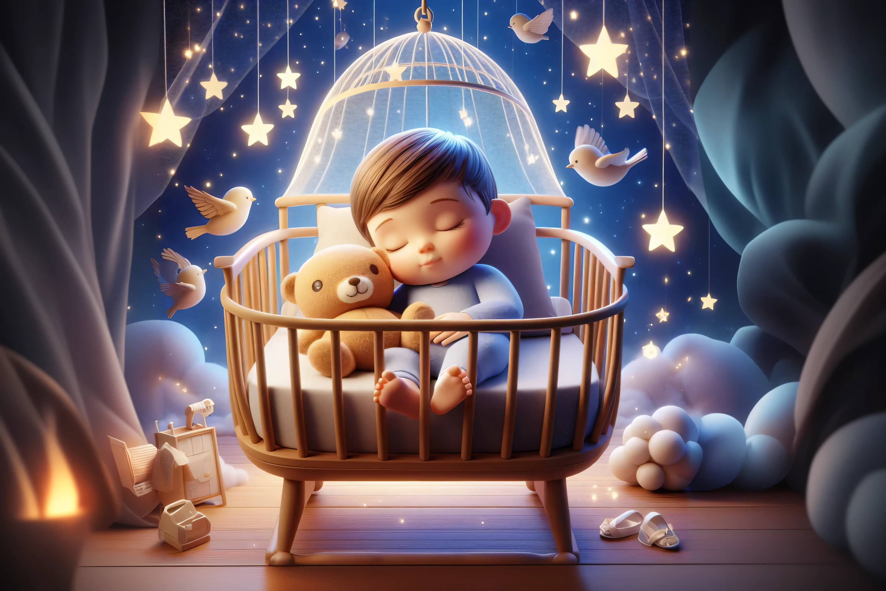 Generate an intricate and enchanting image of a baby in deep slumber, resting on a heavenly cloud amidst a sky filled with stars. The cloud should be as soft as a pillow, providing the ultimate sense of serenity. A gentle, celestial light should surround the baby, enhancing the heavenly ambiance. The background should feature a serene night sky adorned with countless stars, invoking a feeling of peace and celestial wonder