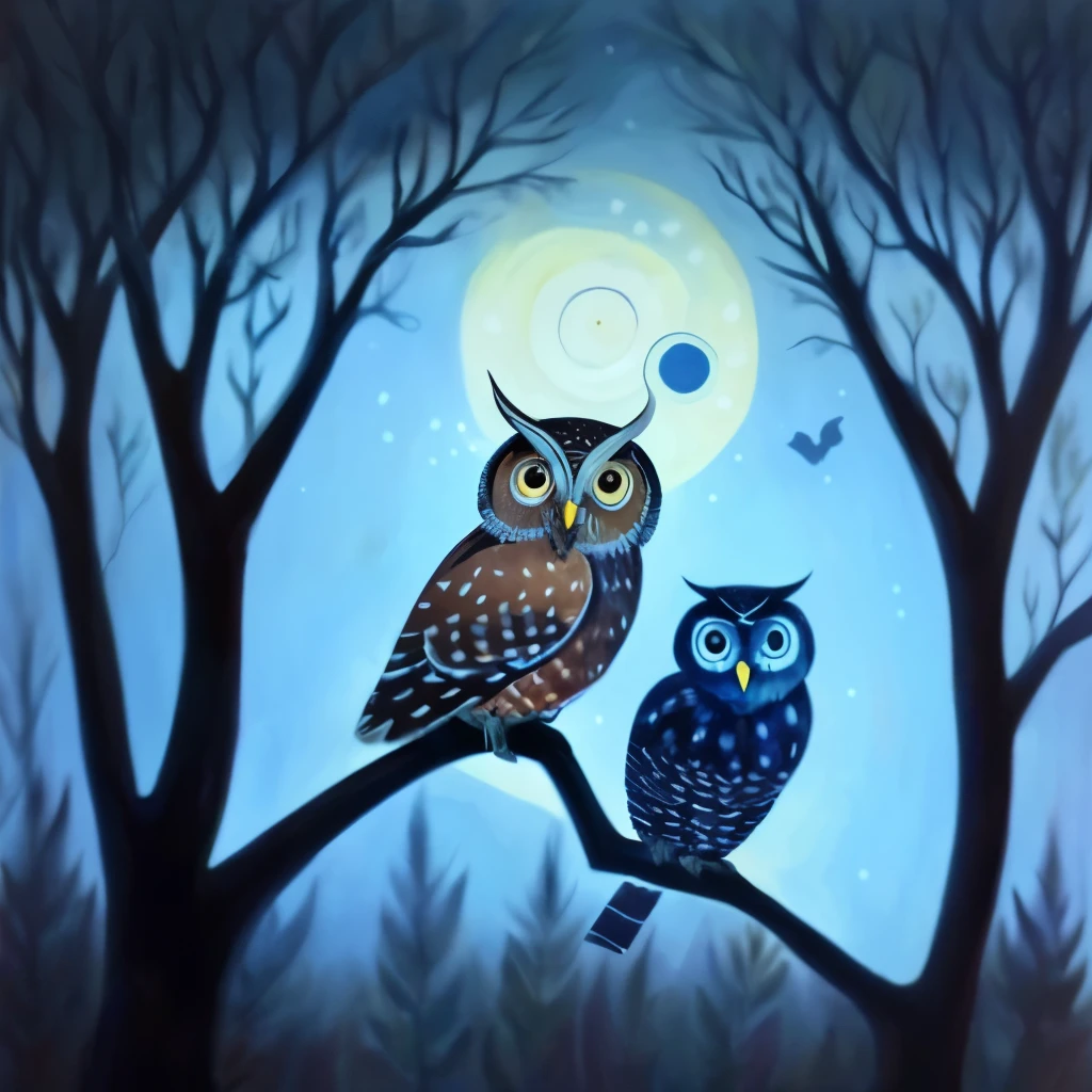 there are two owl sitting on a branch in the woods, glowing owl, owl, the wisest of all owl, night, painting, background artwork, Traditional Arts, 发光owl, night!, 可爱的owl, gorgeous art, shadow, Lovely numbers, beautiful art, by yimeng, HD art, 外星owl, nights, Featured art, Cthulhu,Works by Van Gogh
