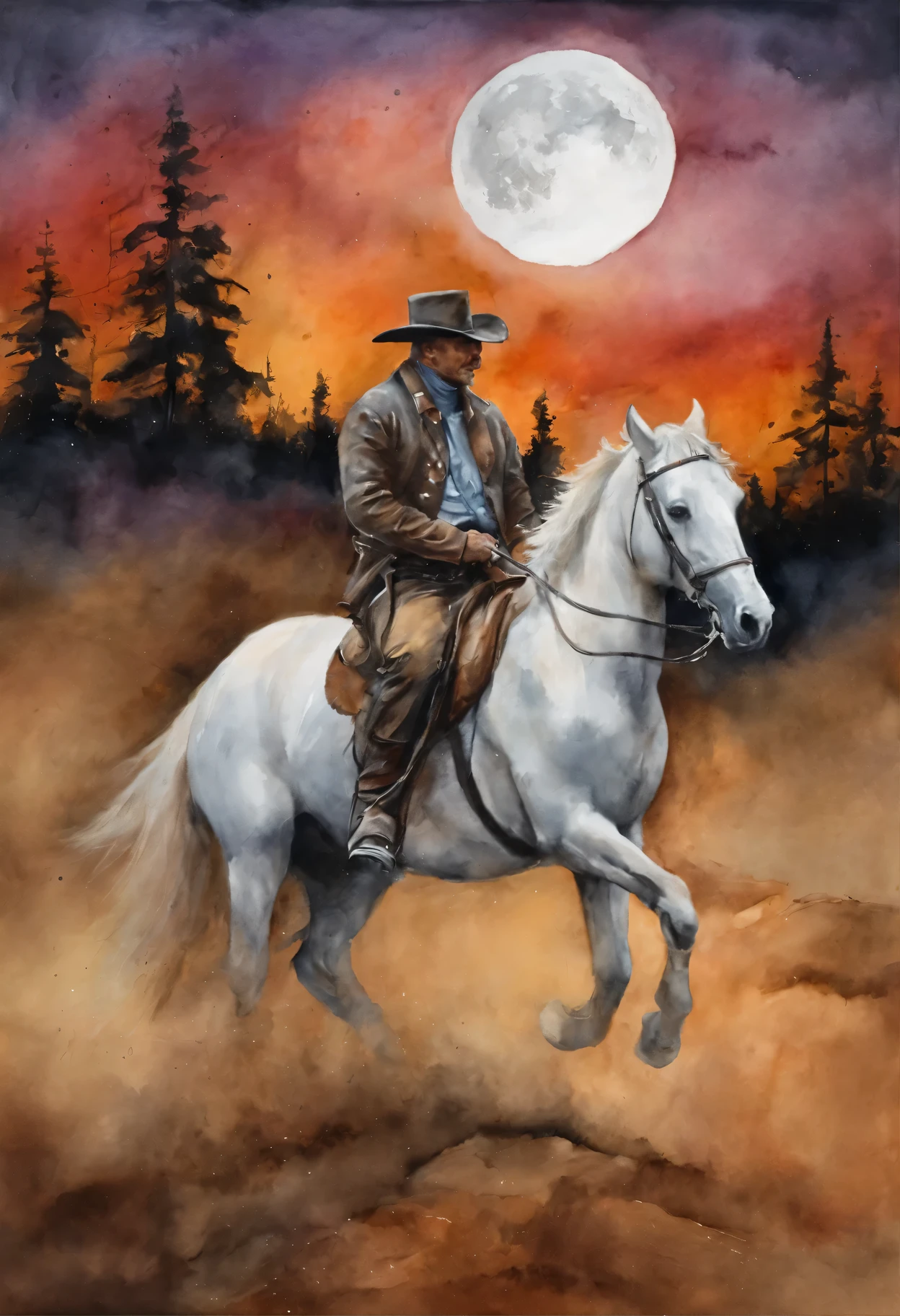 There is a man on a horse in front of a full moon, Andar a cavalo na lua, Vaqueiro, Cowboy na Faixa, Foto traseira de um cowboy, No Velho Oeste, O Cowboy no Estranho Oeste, Velho Oeste, Lone guard, sonho de Vaqueiro, quadrinhos ocidentais inspirados, lonely rider, Directed by: Cíntia Wright, space western, Fotografia Moonwalker