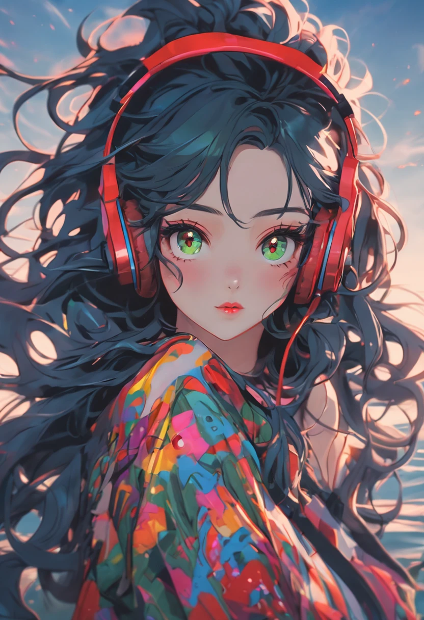 very sexy and beautiful adult woman with large green eyes, long Blue hair. Impeccably make up with red lipstick, dark eyeshadow accentuating her bright eyes. She's dressed in an open jacket that's slightly oversized, wearing a top covering her ample bosom. Sporting large, colorful headphones, she stares directly at the camera. The background is a vibrant water like setting with various multicolored light effects. Cinematic light, she is happy and enjoyng it