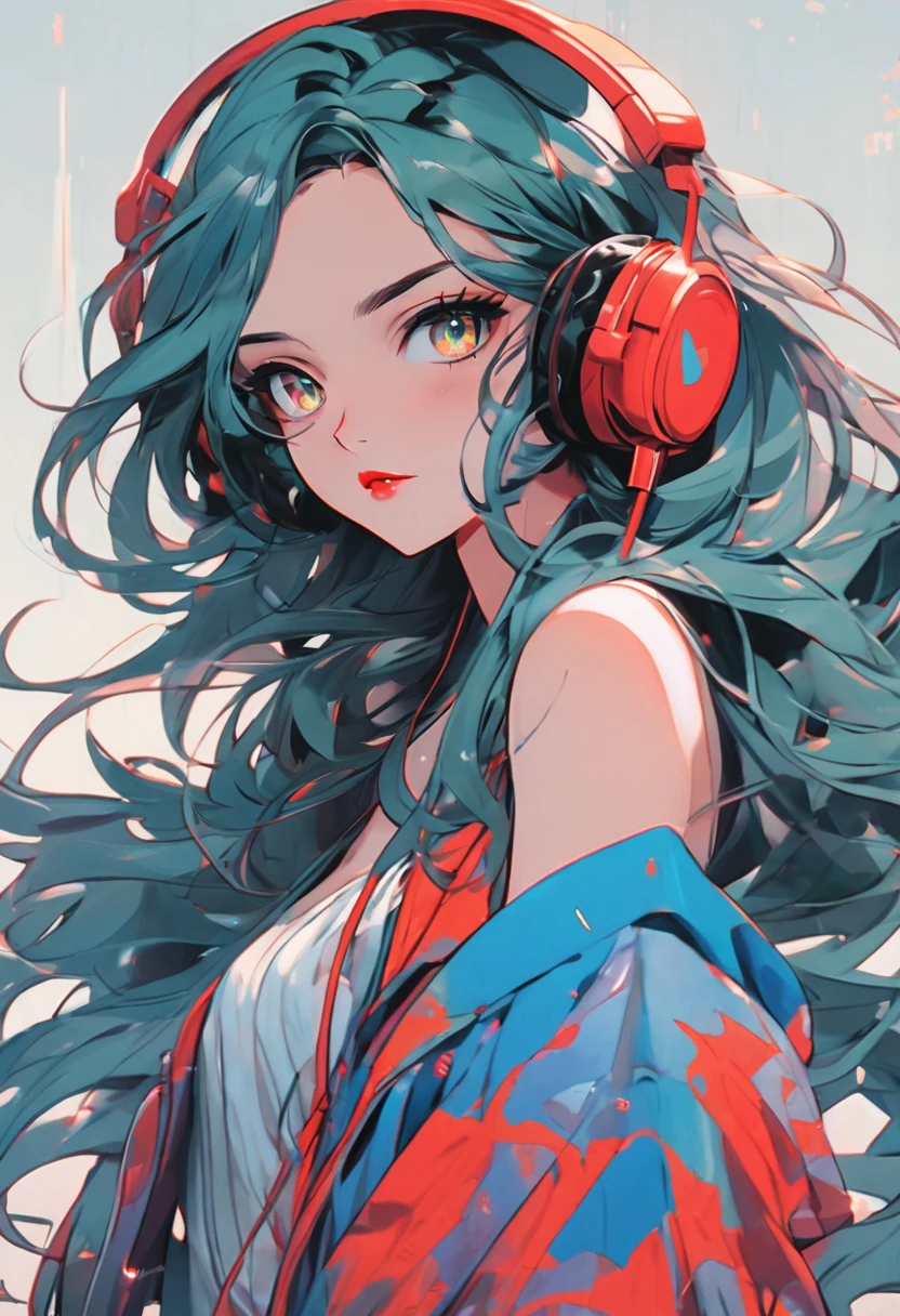 very sexy and beautiful adult woman with large green eyes, long Blue hair. Impeccably make up with red lipstick, dark eyeshadow accentuating her bright eyes. She's dressed in an open jacket that's slightly oversized, wearing a top covering her ample bosom. Sporting large, colorful headphones, she stares directly at the camera. The background is a vibrant water like setting with various multicolored light effects. Cinematic light, she is happy and enjoyng it