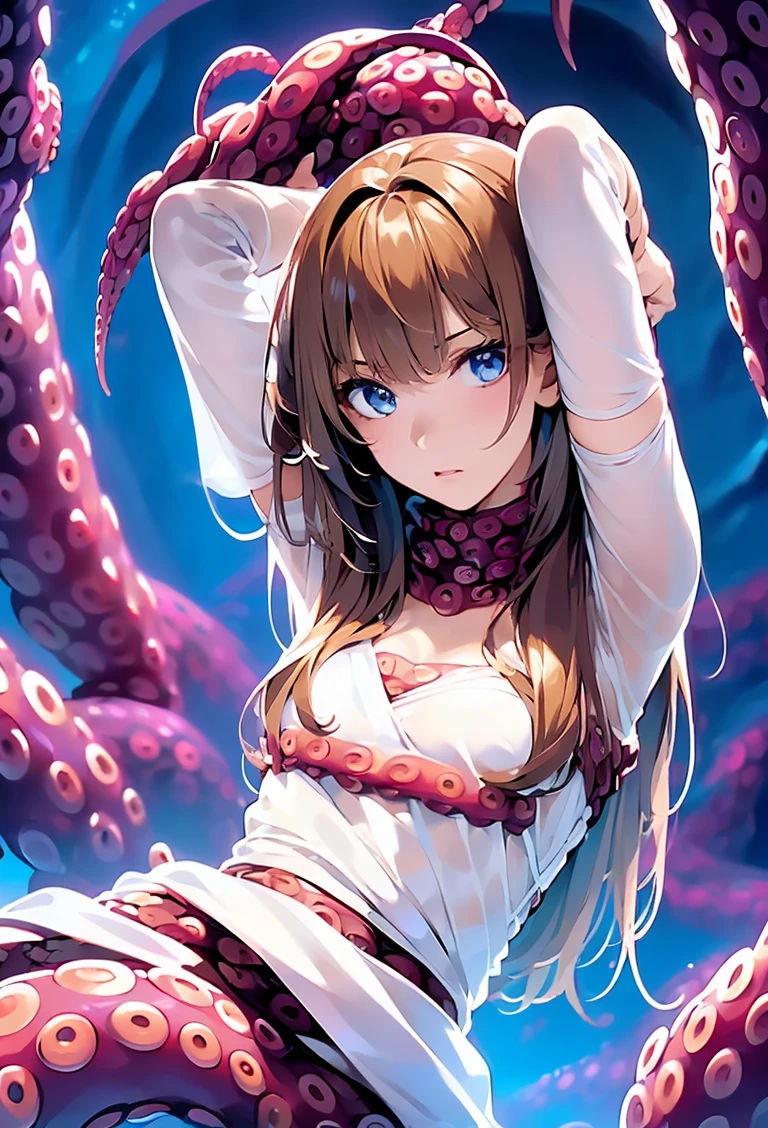 ((masterpiece)), ((best quality)), (ultra-detailed),(in the cave),(monster),(((many tentacles wrap arotnd the waist))),a cute girl, 1girl, solo, (white girly dress),((many tentacles bound arms)), ((thin waist)),large breast, slim, slender,beautiful brown hair, beautiful blue eyes, (beautiful eyes), long hair,troubled expressio