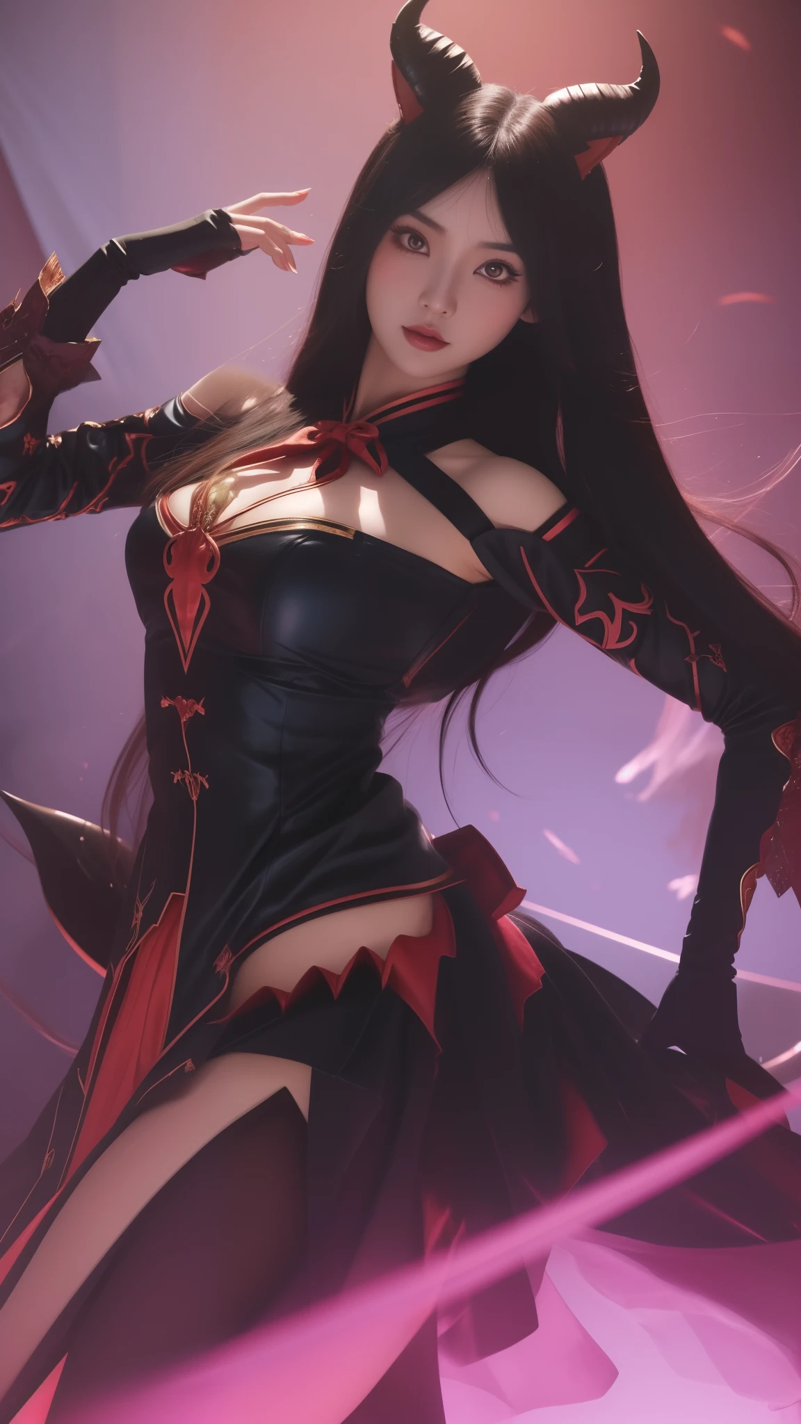1 beautiful devil woman from hell, In the Dark: 1.6), surreal female portrait by David Hockney and Alphonse Mucha, fantasy art, korea doll, photorealism, dynamic lighting, artstation, poster, volumetric lighting, very detailed faces, 8k ultra, Awarded, in the dark, deep shadow, low key, cowboy lens, (Red phoenix dress: 1.4), long hair, black hair, bust, luxurious palace, Royal style, devil crown, red eyes make up very sharp and detailed, The most beautiful face, big and regular breasts, Super realistic, chinese women's clothing, polo neck sweater, Charming smile, The eyes are very well made up, guweiz, devil style, loong, wearing black mesh socks, 2 bangs braided hair, Red black lips, Devil tattoo on shoulder, wearing a thin red and black robe, the landscape is overcast and thunderous, (Portrait), Close-up of the main character, (Background details 1.8), Hugging the heroine,