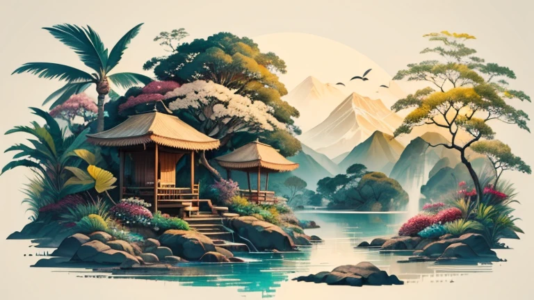 best quality, high quality, white background, scenery, ink, tropical forest, fruit trees, lake, waterfall, varied fauna and flora,