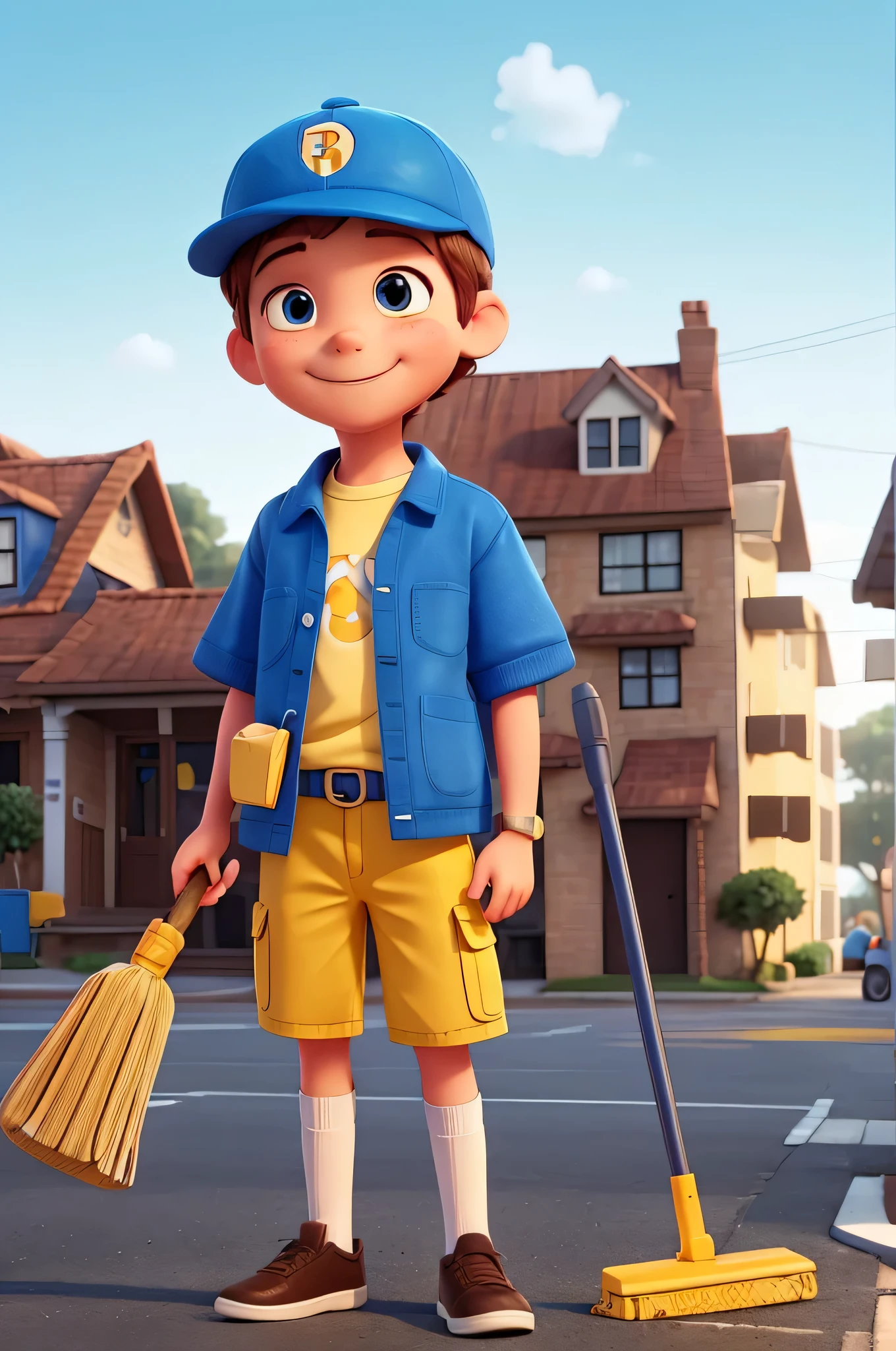 white background-create a smiling boy and a girl in a yellow and blue school uniform a cap in his head a letter B on the t-shirt, reading books, full body. in disney pixar style