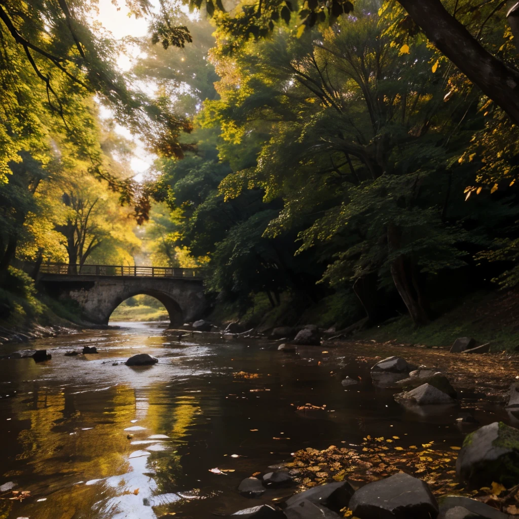 An old tree with falling leaves in a place with a river ,em clima de sol sipondo 