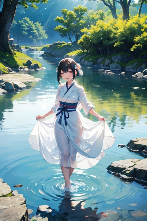 A Japanese woman with a bright smile stands by the water's edge, her white dress glistening and translucent from the water. The sun's rays create a beautiful backlight, highlighting her joyful expression