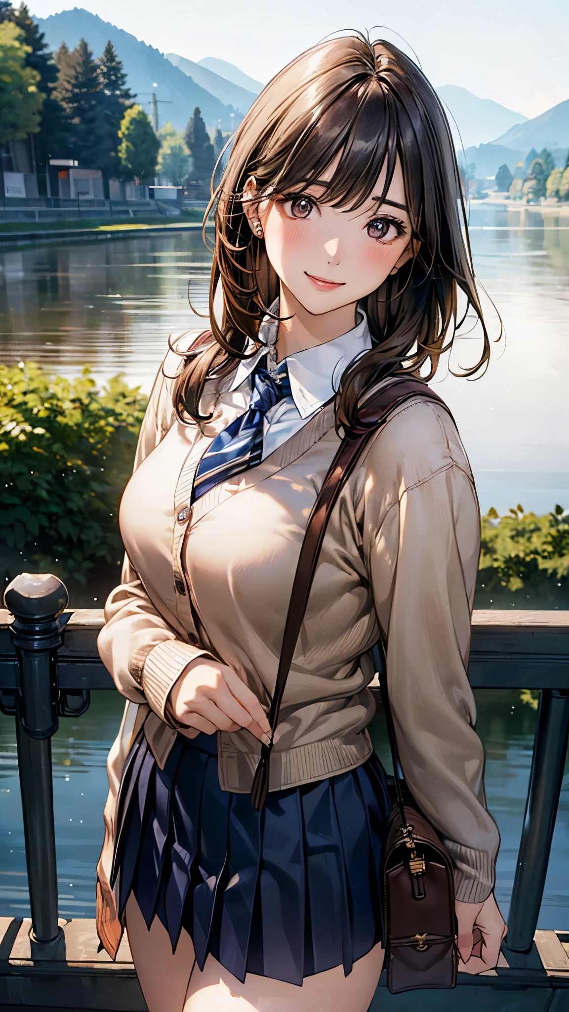 (masterpiece:1.2, top-quality), (realistic, photorealistic:1.4), beautiful illustration, (natural side lighting, movie lighting),
looking at viewer, cowboy shot, front view, 1 girl, japanese, high school girl, perfect face, cute and symmetrical face, shiny skin,
(short hair, messy hair, bwown hair), blunt bangs, gold eyes, (missle breasts:0.6, seductive thighs, big ass), piercings,
beautiful hair, beautiful face, beautiful detailed eyes, beautiful clavicle, beautiful body, beautiful chest, beautiful thigh, beautiful legs, beautiful fingers,
((long sleeve white collared shirts, navy pleated mini skirt, light brown cardigan)), shool bag, russet tie,
(beautiful scenery), evening, riverside, walking, (lovely smile, upper eyes),