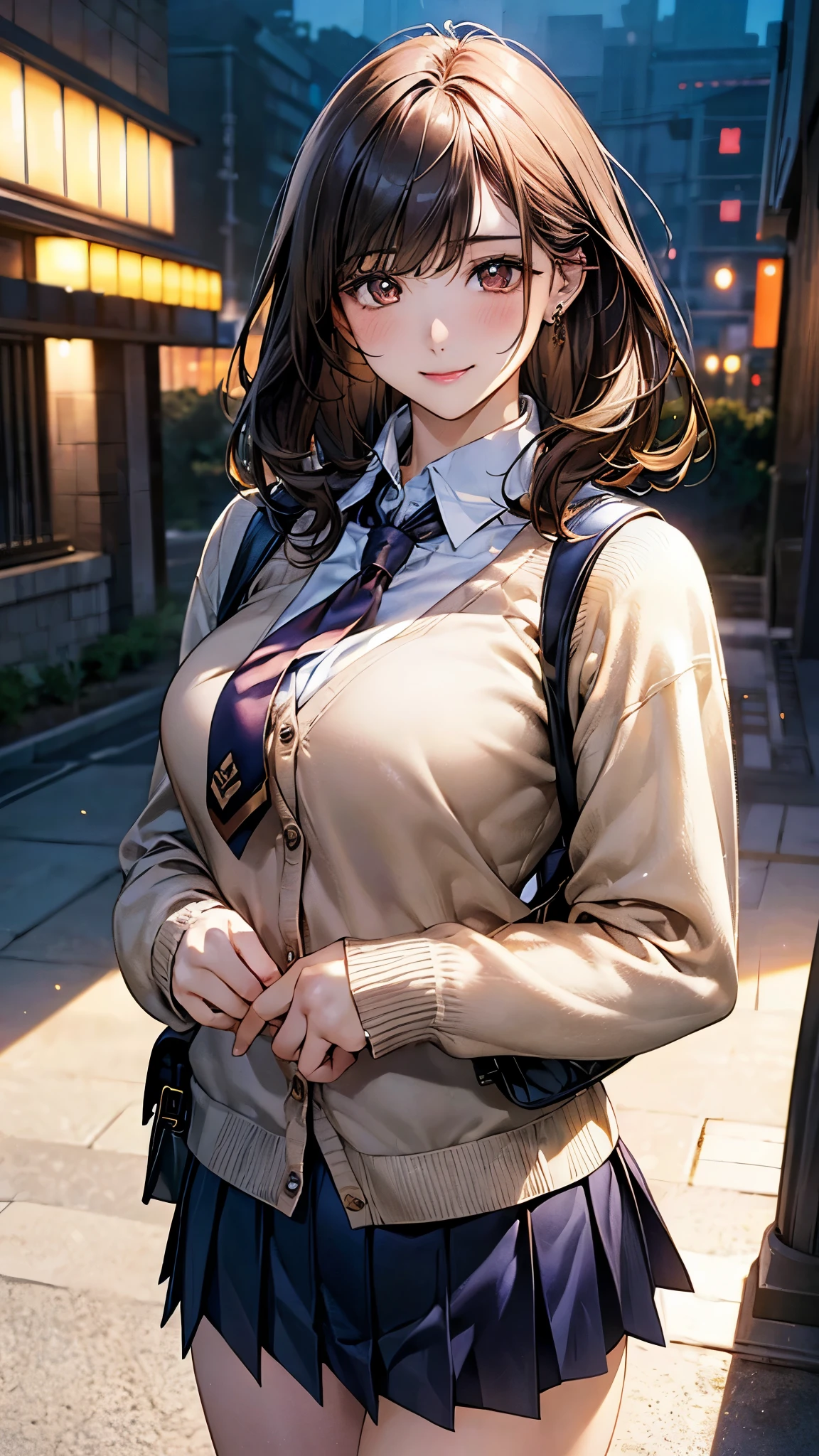 Anime girl in uniform posing on a city street at night - SeaArt AI