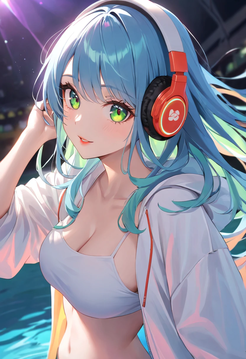 A young and very sexy and beautiful adult woman with large green eyes, long Blue hair. Impeccably make up with red lipstick, dark eyeshadow accentuating her bright eyes. She's dressed in an open jacket that's slightly oversized, wearing a top covering her ample bosom. Sporting large, colorful headphones, she giving a side look tô the camera. The background is a vibrant water like setting with various multicolored light effects. Cinematic light, she is happy and enjoyng it