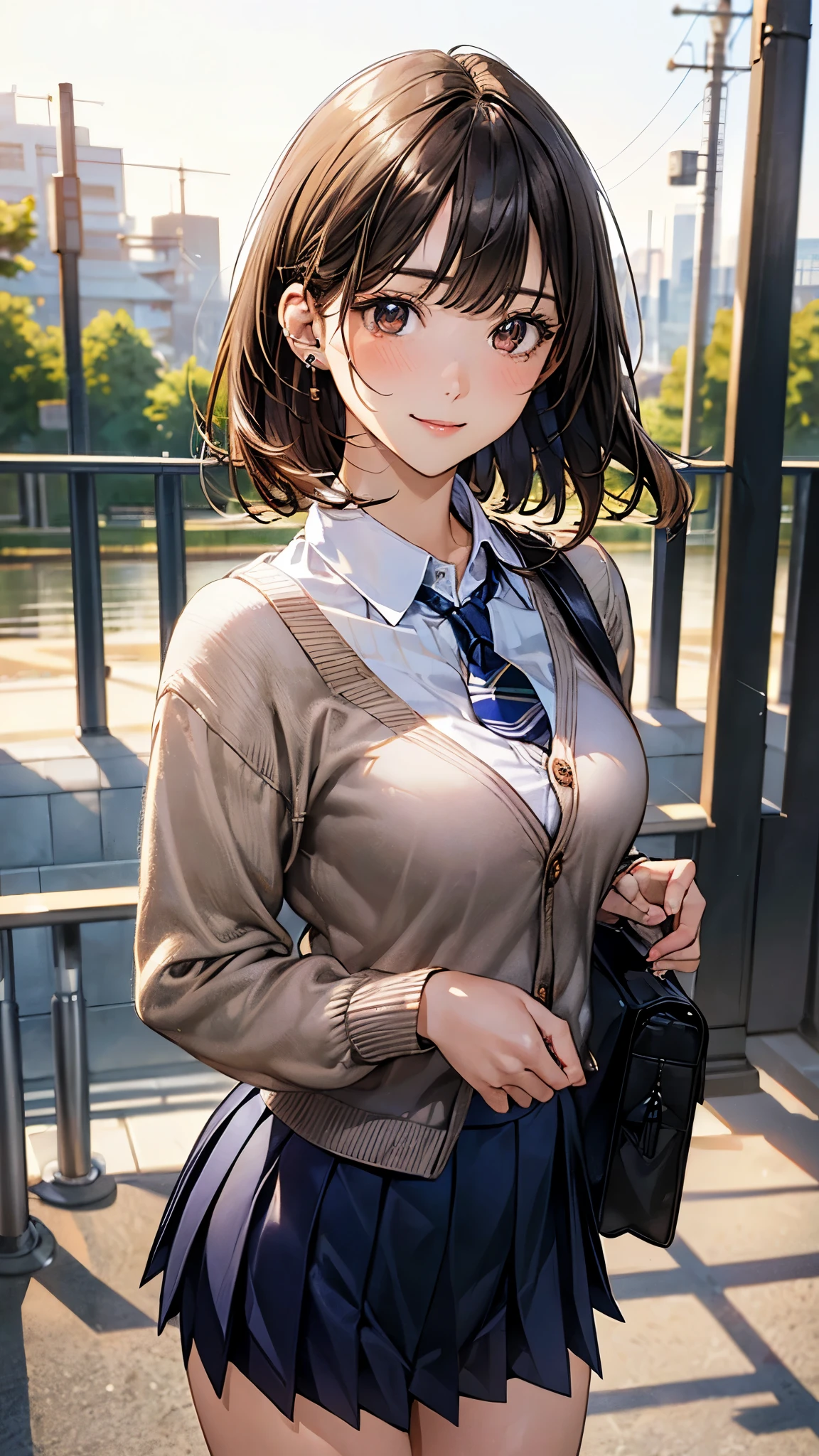 (masterpiece:1.2, top-quality), (realistic, photorealistic:1.4), beautiful illustration, (natural side lighting, movie lighting),
looking at viewer, cowboy shot, front view, 1 girl, japanese, high school girl, perfect face, cute and symmetrical face, shiny skin,
(short hair, messy hair, bwown hair), blunt bangs, gold eyes, (missle breasts:0.6, seductive thighs, big ass), piercings,
beautiful hair, beautiful face, beautiful detailed eyes, beautiful clavicle, beautiful body, beautiful chest, beautiful thigh, beautiful legs, beautiful fingers,
((long sleeve white collared shirts, navy pleated mini skirt, light brown cardigan)), shool bag, russet tie,
(beautiful scenery), evening, riverside, walking, (lovely smile, upper eyes),