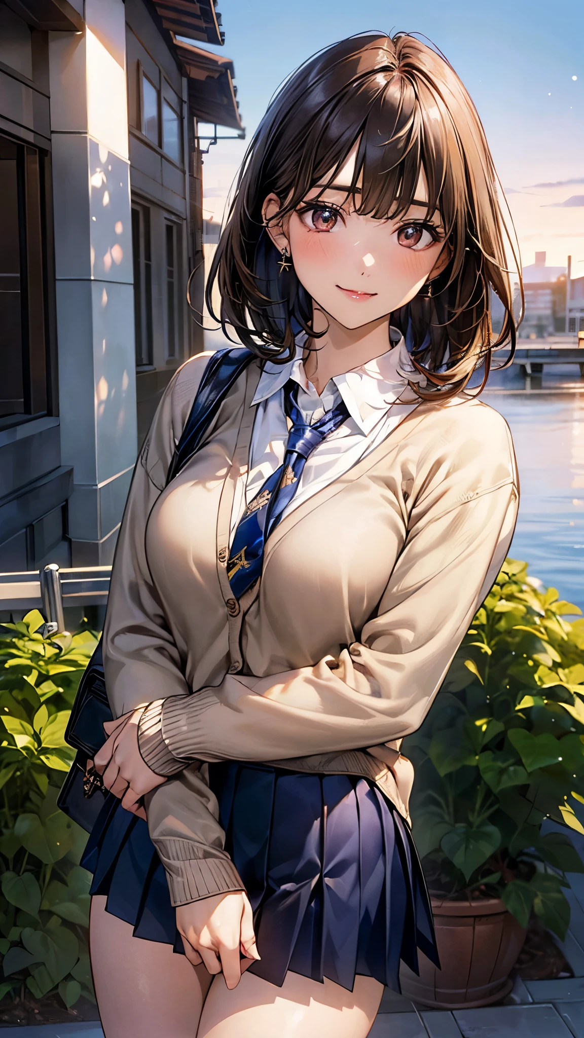 (masterpiece:1.2, top-quality), (realistic, photorealistic:1.4), beautiful illustration, (natural side lighting, movie lighting), 
looking at viewer, cowboy shot, front view, 1 girl, japanese, high school girl, perfect face, cute and symmetrical face, shiny skin, 
(short hair, messy hair, bwown hair), blunt bangs, gold eyes, (missle breasts:0.6, seductive thighs, big ass), piercings, 
beautiful hair, beautiful face, beautiful detailed eyes, beautiful clavicle, beautiful body, beautiful chest, beautiful thigh, beautiful legs, beautiful fingers, 
((long sleeve white collared shirts, navy pleated mini skirt, light brown cardigan)), shool bag, russet tie, 
(beautiful scenery), evening, riverside, walking, (lovely smile, upper eyes), 