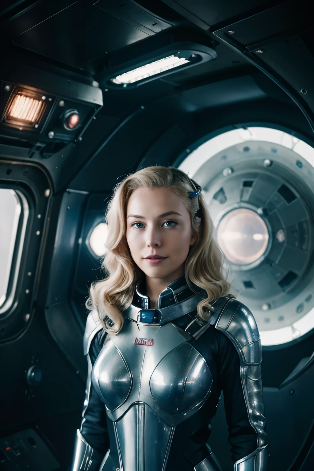 1940s, Pin-ap Elon Musk, Minimalistic cyberpunk, shimmering light pink metal suit dress with jetpack, blonde hair, blue eyes, A slight mischievous smile, cap, Looking Down, juvenile, The naked vagina is open to the eye, skin detail, next to a small spaceship, Futuristic, In the background is the spaceport, The interior of the space station, Filmic, Camera lens: 50 mm Fahrenheit/1.4, High Resolution, Cinematic, photo, moda