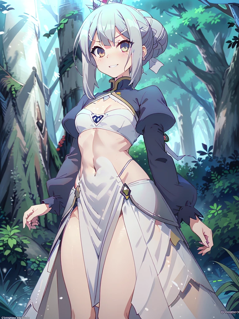 ((1 Indian woman)),((with tribal tattoos, abdomen))),((medium breasts, naked breasts, erect breasts, naked pussy)),((white hair)),((brown eyes, hopeless face )),((standing, In a haunted forest, at night)),((1 arm behind the back)),