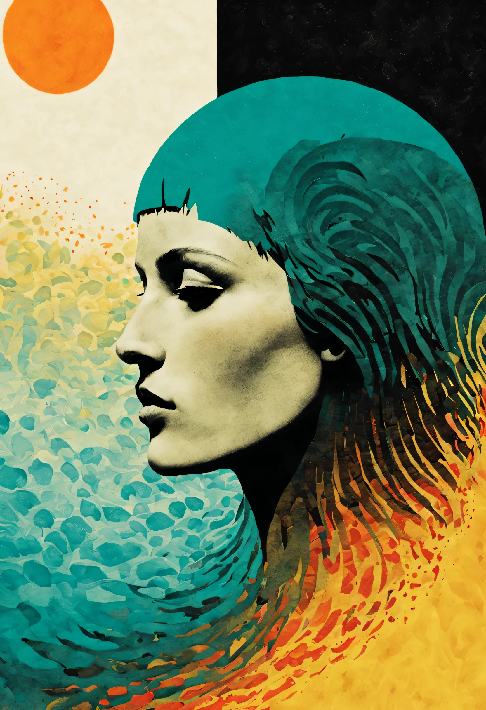 Sun profile + Halftone pattern + editorial illustration of the memento morti + higly textured, genre defining mixed media collage painting + fringe absurdism + Award winning halftone pattern illustration + simple flowing shapes + subtle shadows + paper texture + minimalist color scheme + inspired by Zdzisław Beksiński.