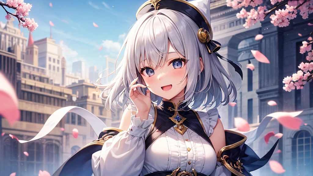 super high quality, with a girl, 20-year-old, very short hair, long bangs between the eyes, gray eyes , blue sky, sunlight, very detailed,(masterpiece、highest quality)、alone、gray hair、laughter、fantasy, silver hair, black eye, beautiful eyes,, ecstasy, charm, be smitten with audience, fantasyな風景、Princess、white clothes、wizard&#39;s hat、cherry blossoms