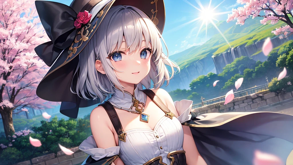 super high quality, with a girl, 20-year-old, very short hair, long bangs between the eyes, gray eyes , blue sky, sunlight, very detailed,(masterpiece、highest quality)、alone、gray hair、laughter、fantasy, silver hair, black eye, beautiful eyes,, ecstasy, charm, be smitten with audience, fantasyな風景、Princess、white clothes、wizard's hat、cherry blossoms