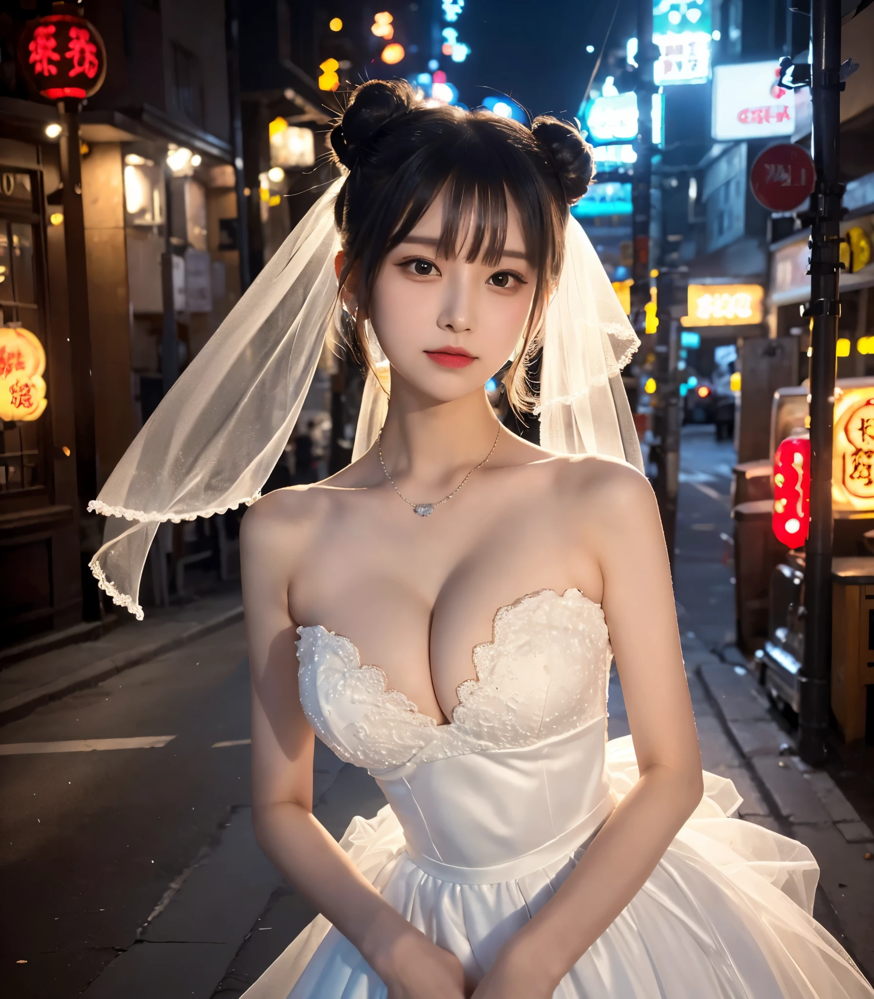 high resolution,
Close-up of beautiful bride wearing beautiful wedding dress,Gurwitz,(bridal veil:1.5），（Transparent short veil：1.5），Blushing face，Head flower，headgear，（tube top wedding dress：1.5），（strapless dress：1.2）,（Strapless wedding dress：1.5）,pure white dress，necklace，earrings，(large breasts:1.3)，Bangs，lipstick，（lace gloves：1.3）,Half-length photo,High detail RAW color art,Long white dress,


(China Street:1.3),
1 girl, 18 years old, （Long double ponytail：1.5）,
(double bun hair:1.5), black hair