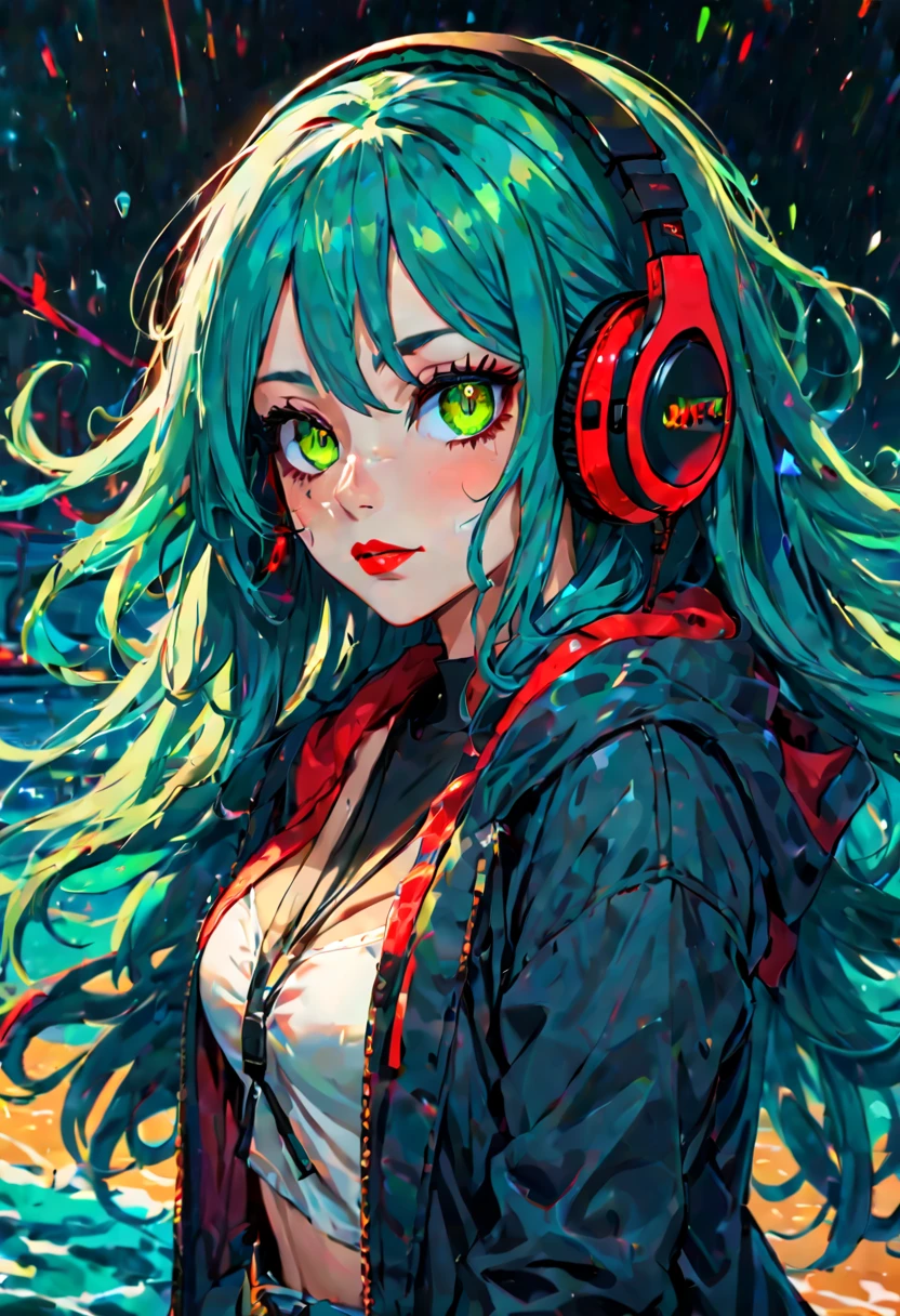 very sexy and beautiful adult woman with large green eyes, long Blue hair. Impeccably make up with red lipstick, dark eyeshadow accentuating her bright eyes. She's dressed in an open jacket that's slightly oversized, wearing a top covering her ample bosom. Sporting large, colorful headphones, she stares directly at the camera. The background is a vibrant water like setting with various multicolored light effects. Cinematic light, she is happy and enjoyng it