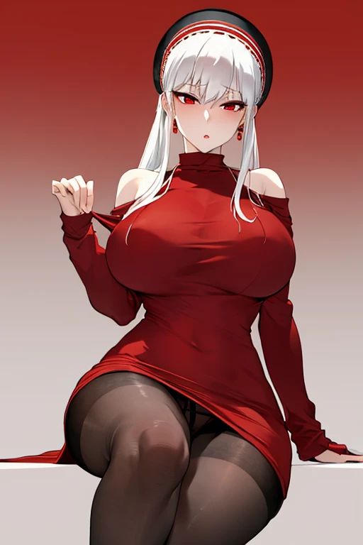 masterpiece, highest quality, High resolution, Bjorf, long hair, white hair band, red eyes, gold earrings, big breasts, jewelry, off shoulder, red sweater, sweater dress, long sleeve, black pantyhose, from below, spread your legs, sitting, panties